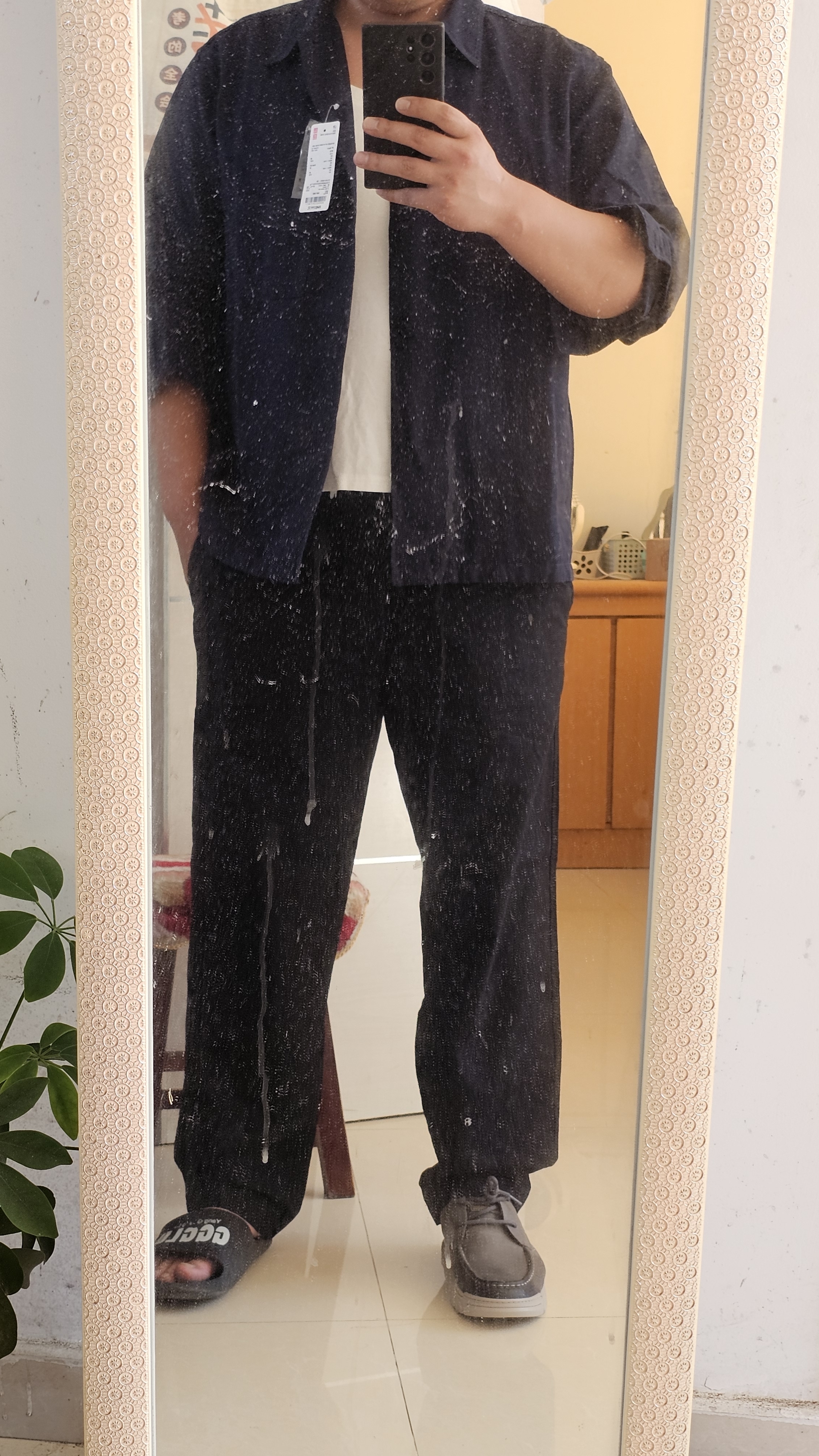 优衣库棉麻衬衫式茄克/长袖男装女装外套夹克482443 69 藏青色 XL 实拍图