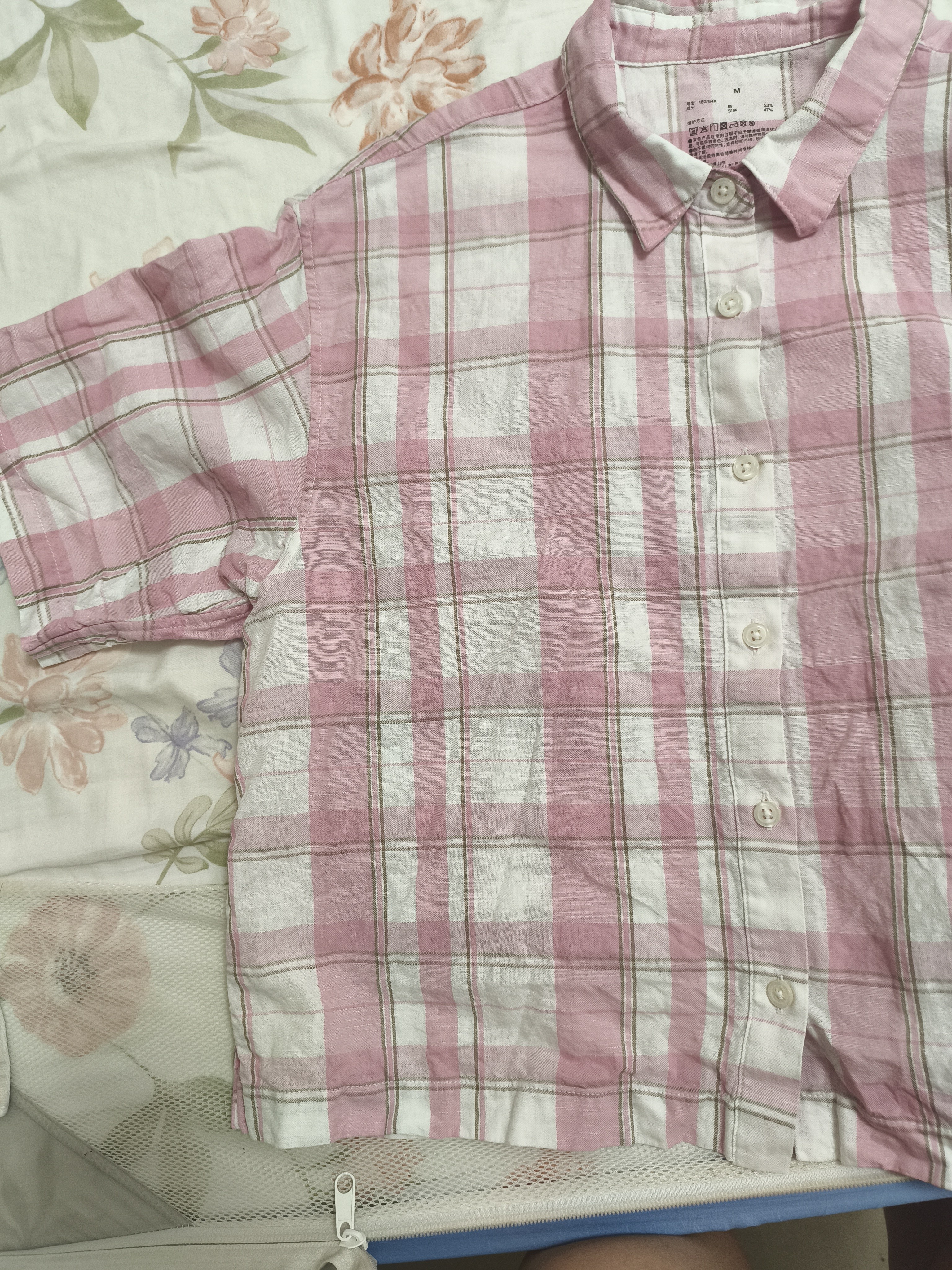 MUJI  女式 汉麻 棉 短袖衬衫女士衬衣外套26年夏季女装女款 BC2AEC6S 粉色格纹 M （160/84A） 实拍图