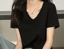 啄木鸟纯棉短袖T恤女夏季V领正肩宽松显瘦百搭纯色打底上衣 黑色 3XL 实拍图