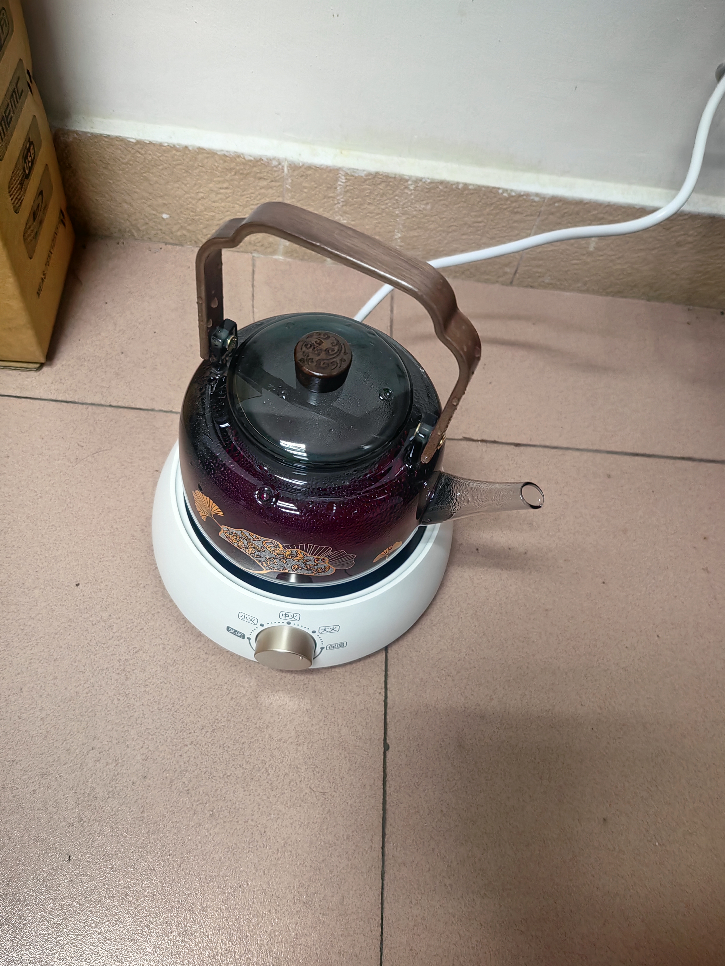 全度（Quandu)提梁蒸煮一体茶壶黑茶白茶壶耐高温明火加厚玻璃茶壶 银杏叶祥云提梁壶烟灰色 1000ml 实拍图