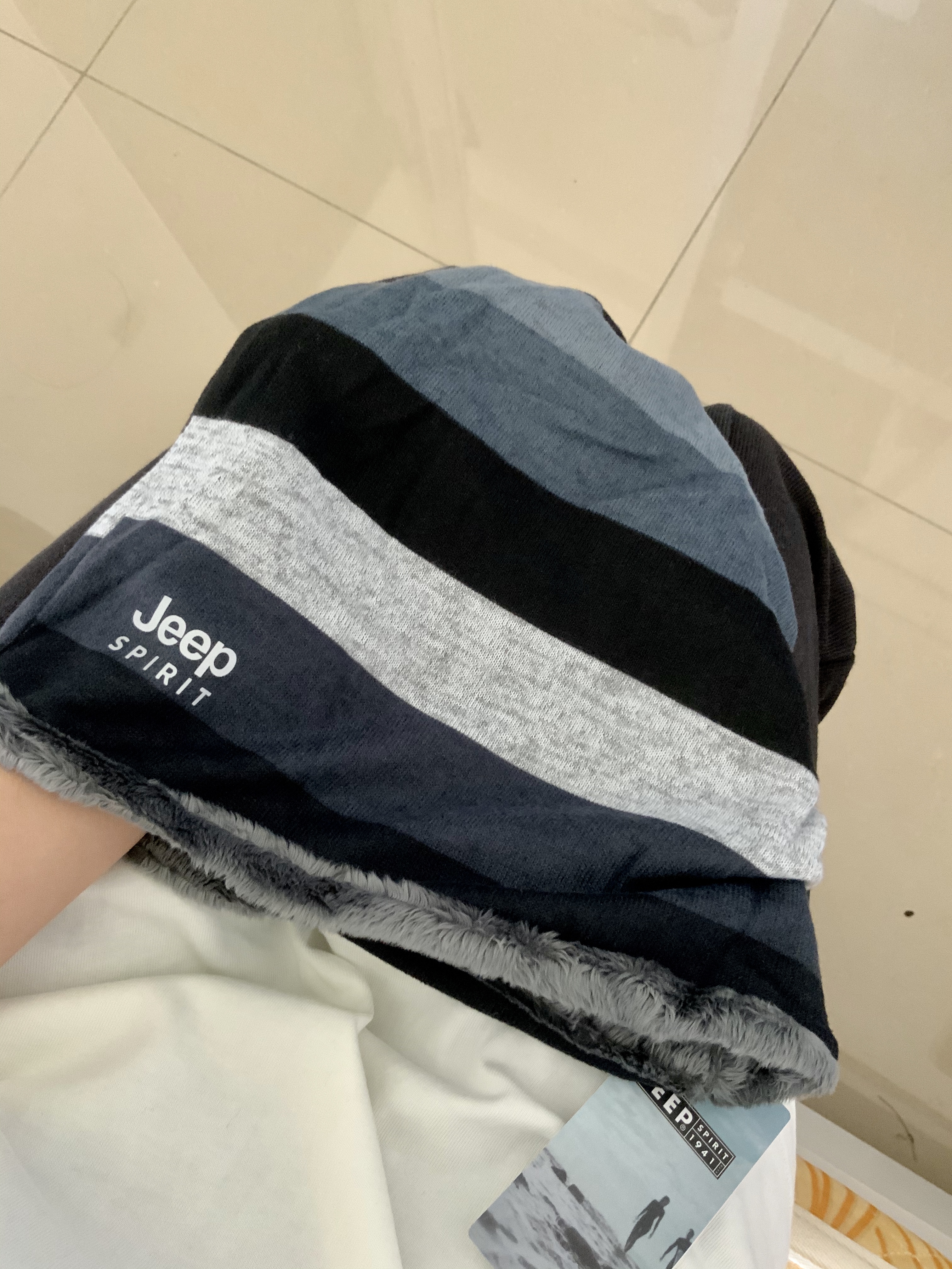 JEEP SPIRIT脖套男冬季加绒男士护颈巾小围脖女两用围巾骑行护脖子保暖套防风 白灰条纹 均码 实拍图