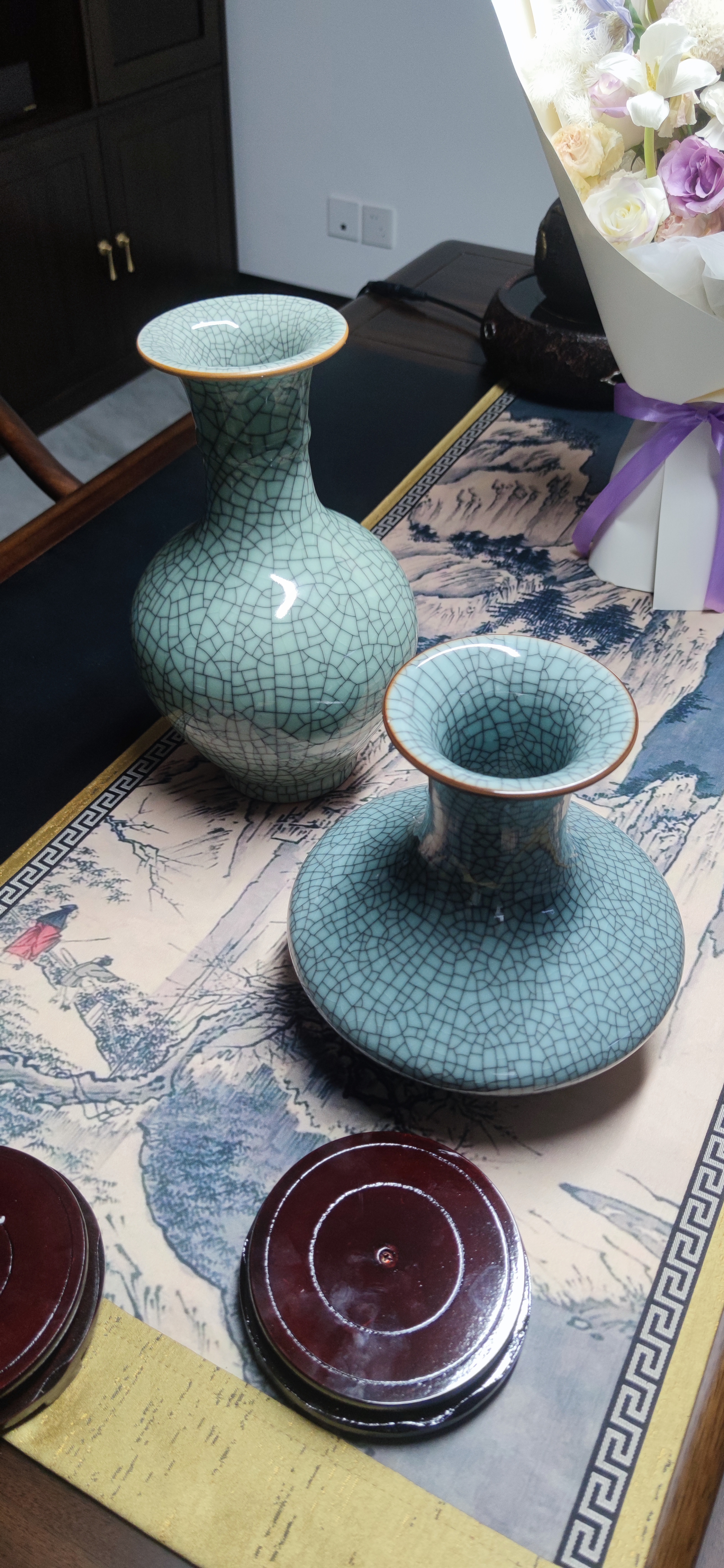 傲世景德镇陶瓷器仿古中式花瓶工艺品客厅摆件艺术品玄关博古架装饰品 仿古裂纹扁肚瓶+底座+证书 实拍图