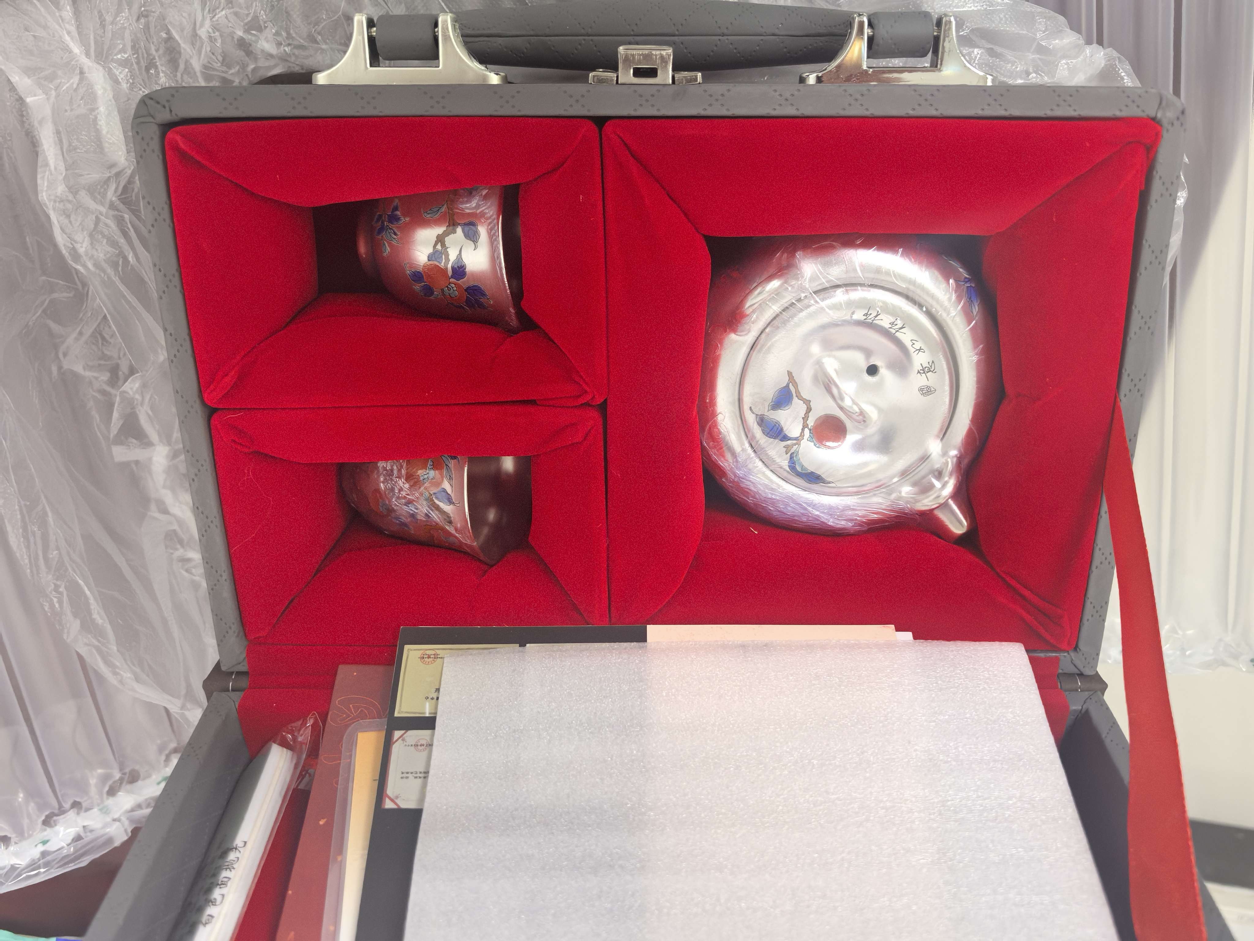 炙真银楼鎏999纯银整套装茶具送领导长辈实用中式退休升职高端档中式礼物 柿柿如意一壶两杯(礼盒装) 3件 实拍图