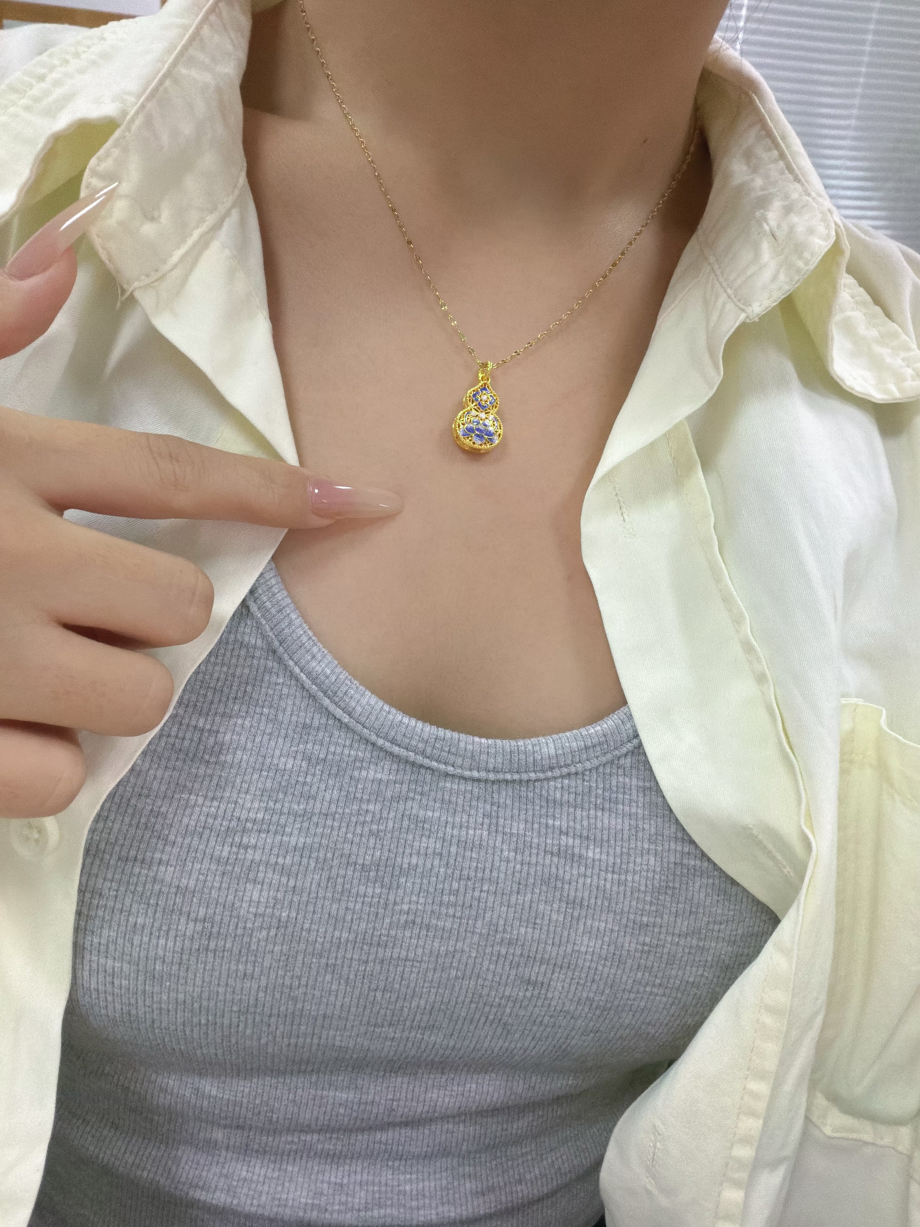 鸣钻国际宋韵青花葫芦黄金吊坠女足金999福禄纯金颈饰挂坠送礼物HJD1428 实拍图