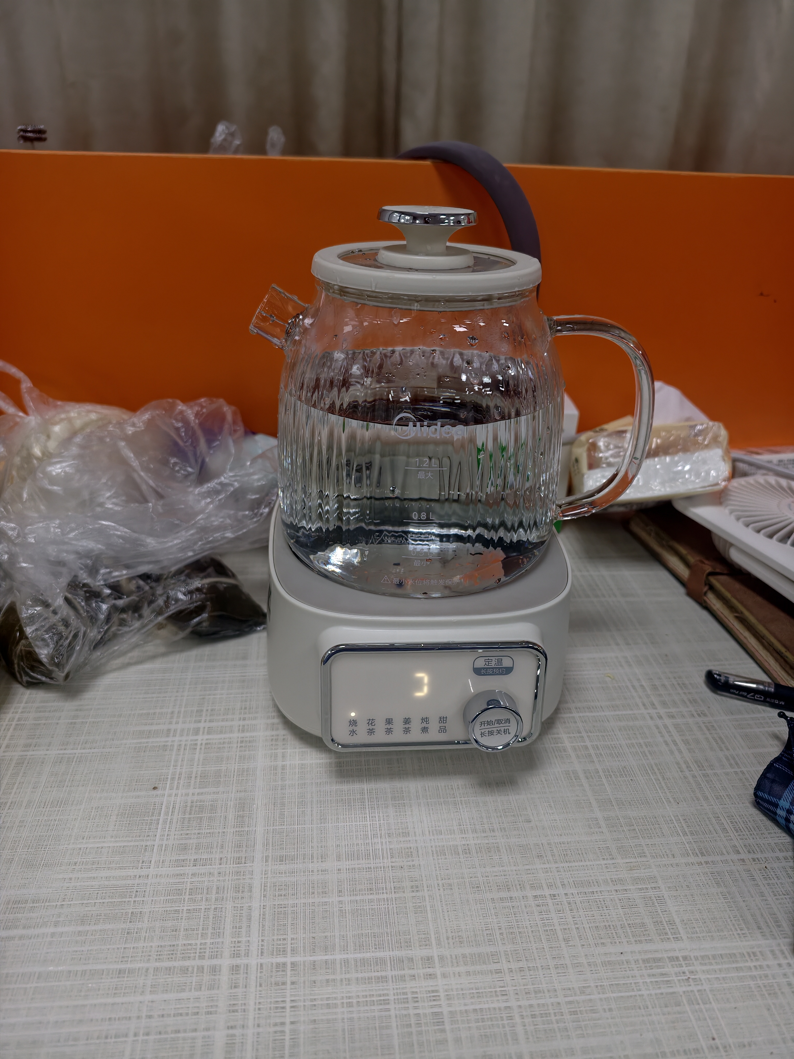 美的（Midea）0胶水全玻璃养生壶 多功能煮茶壶 母婴烧水壶 多段恒温电热水壶 全自动一体煮茶器 【大屏旋钮精控】YS12B302J 1.2L 实拍图