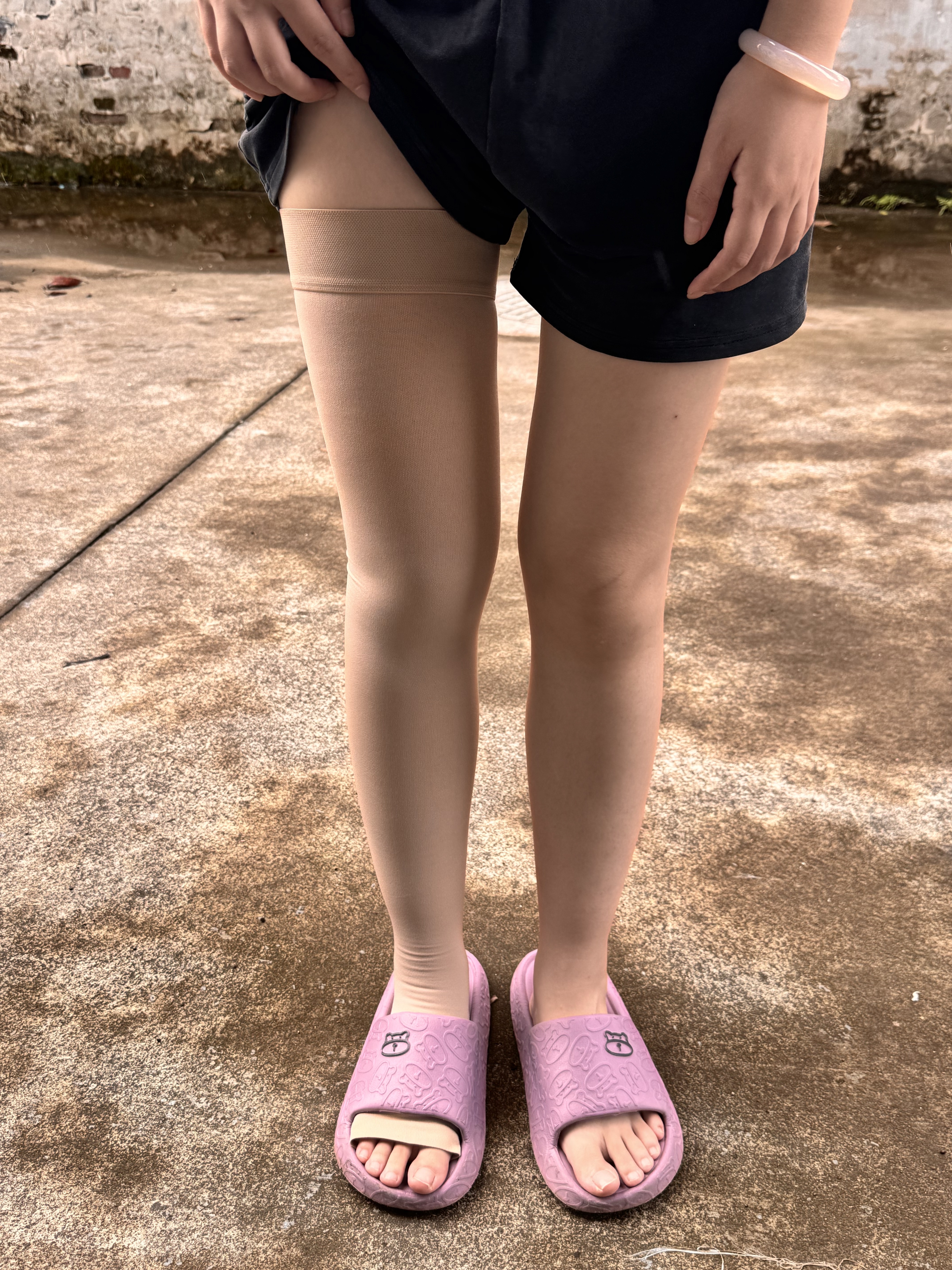 可孚静脉曲张弹力袜医用压力袜男女透气夏季薄款长筒二级露趾肤色L码 实拍图