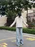 趣米乐浅蓝色cleanfit微喇牛仔裤男春秋季美式高街vibe修身窄版弯刀裤子 浅蓝色 XL 实拍图
