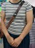 拉夏贝尔小众辣妹撞色条纹短袖t恤女新款设计感修身正肩上衣 蓝色条纹 XL 实拍图