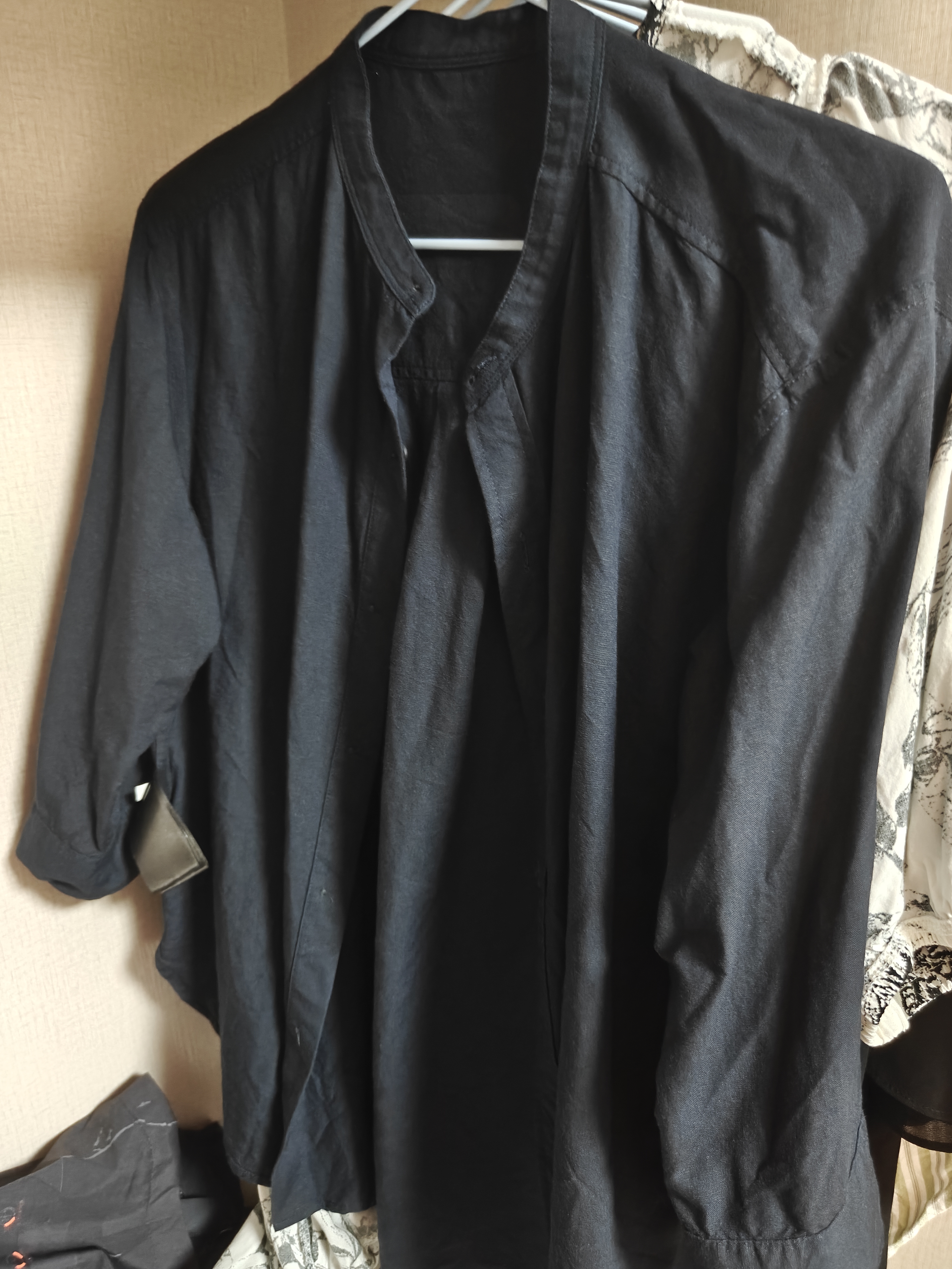 优衣库麻混纺立领衬衫/七分袖女装/通勤衬衣483873 69 藏青色 S 实拍图