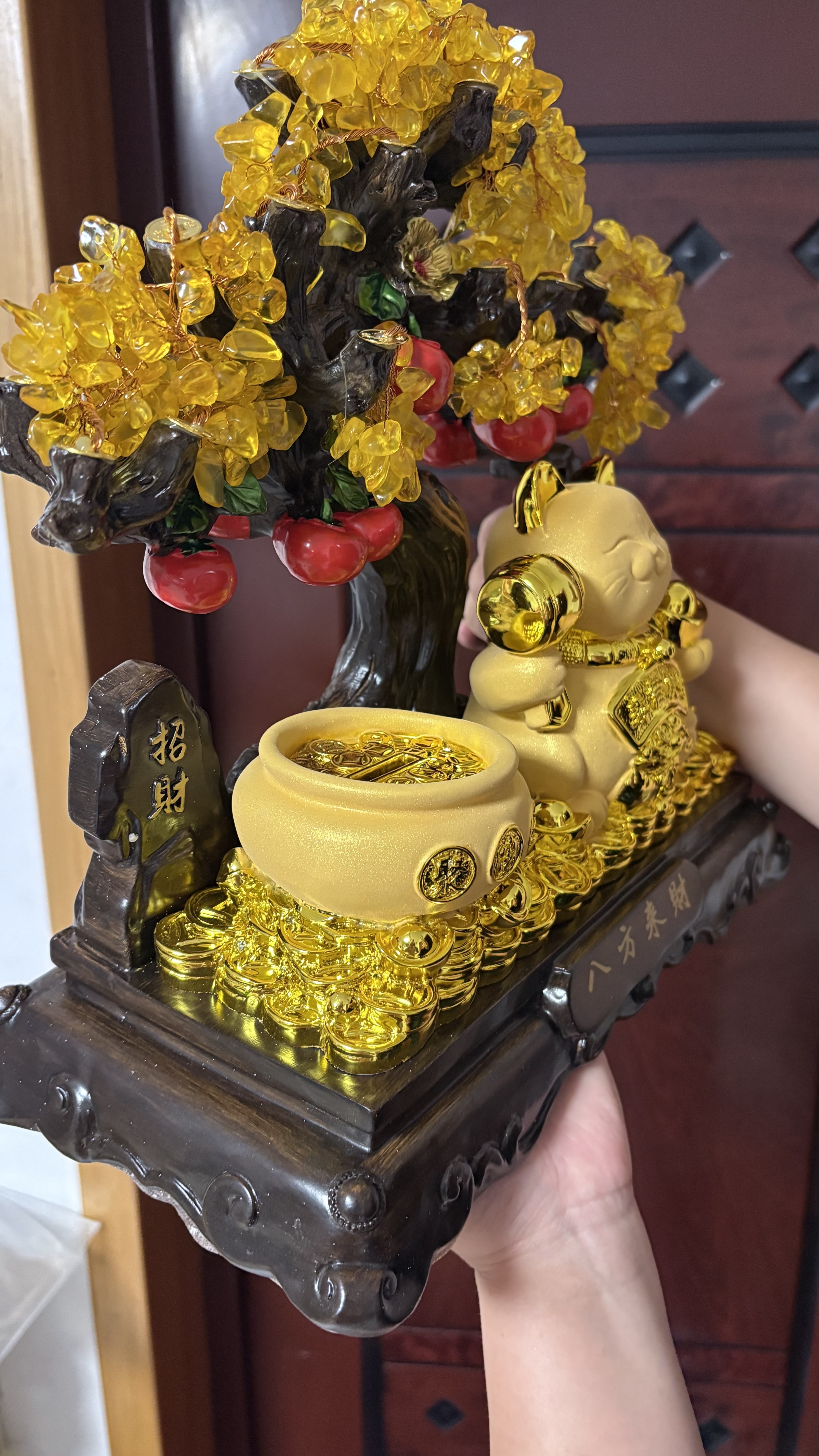 礼之源招财猫摇钱树摆件聚宝盆工艺品办公室桌面店铺收银台乔迁开业礼物 中号黄水晶发财树八方来米招财猫 实拍图
