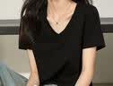 啄木鸟纯棉短袖T恤女夏季V领正肩宽松显瘦百搭纯色打底上衣 黑色 3XL 实拍图