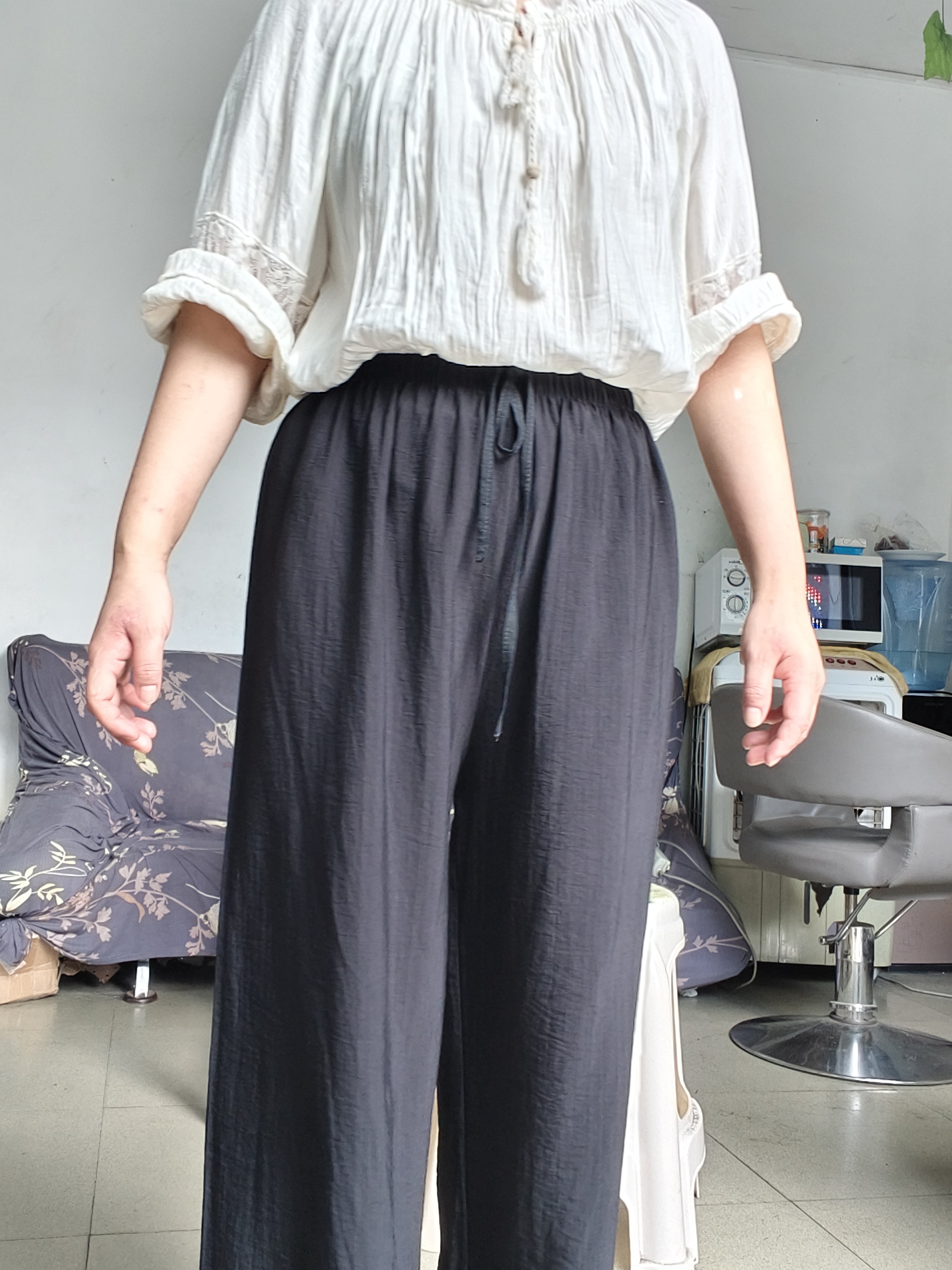 慵懒麻料裤子女夏季薄款宽松休闲棉麻裤冰丝阔腿裤显瘦垂感高腰 黑色 均码 【80斤-145斤】 实拍图