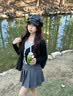 拉夏贝尔蝴蝶结撞色正肩长袖t恤女春秋新款设计感修身打底衫上衣 黑色 M 实拍图