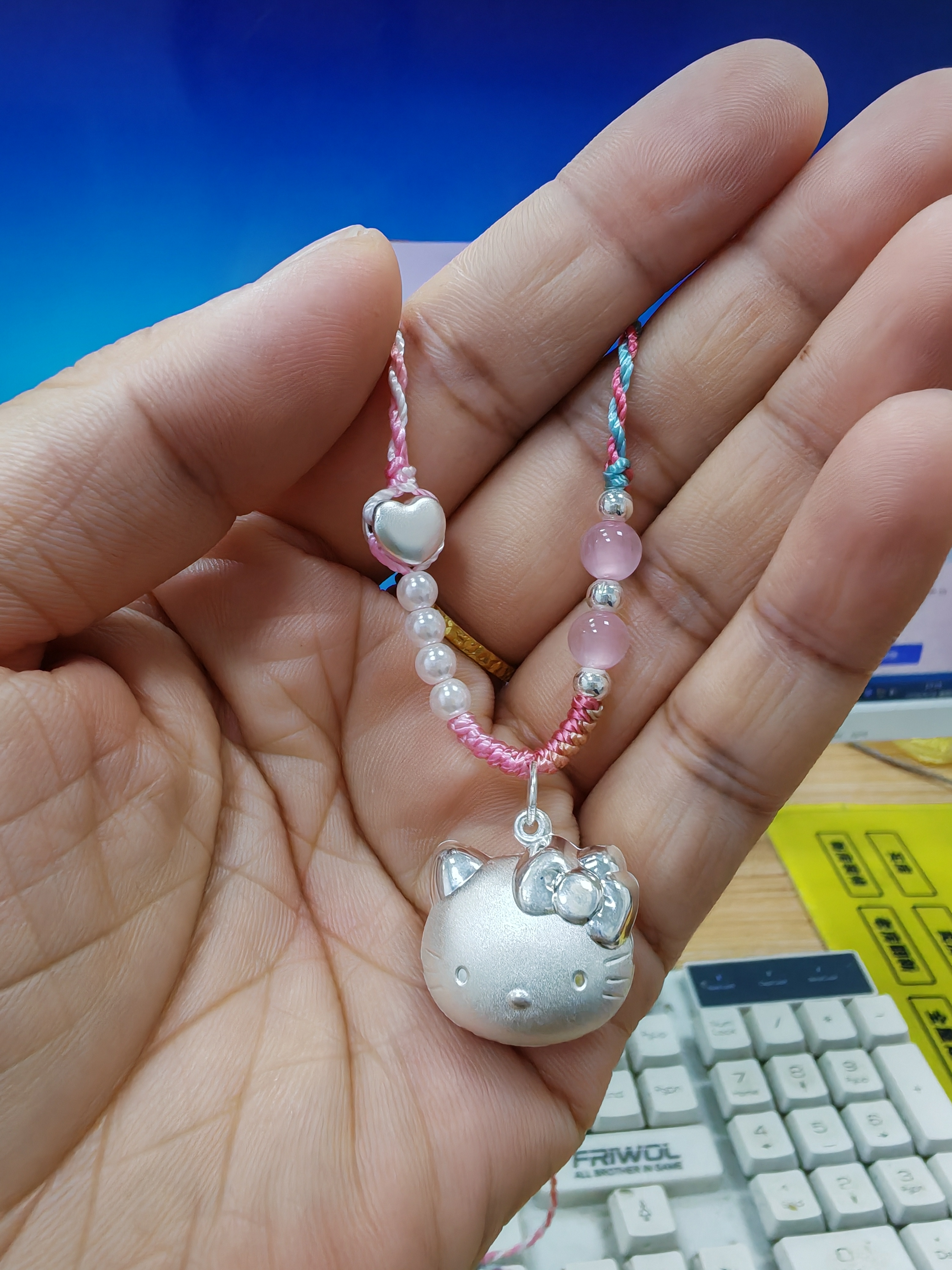 hellokitty项链女足银999宝宝纯银吊坠可爱凯蒂猫锁骨链生日礼物 hellokitty猫+爱心渐变粉绳 实拍图