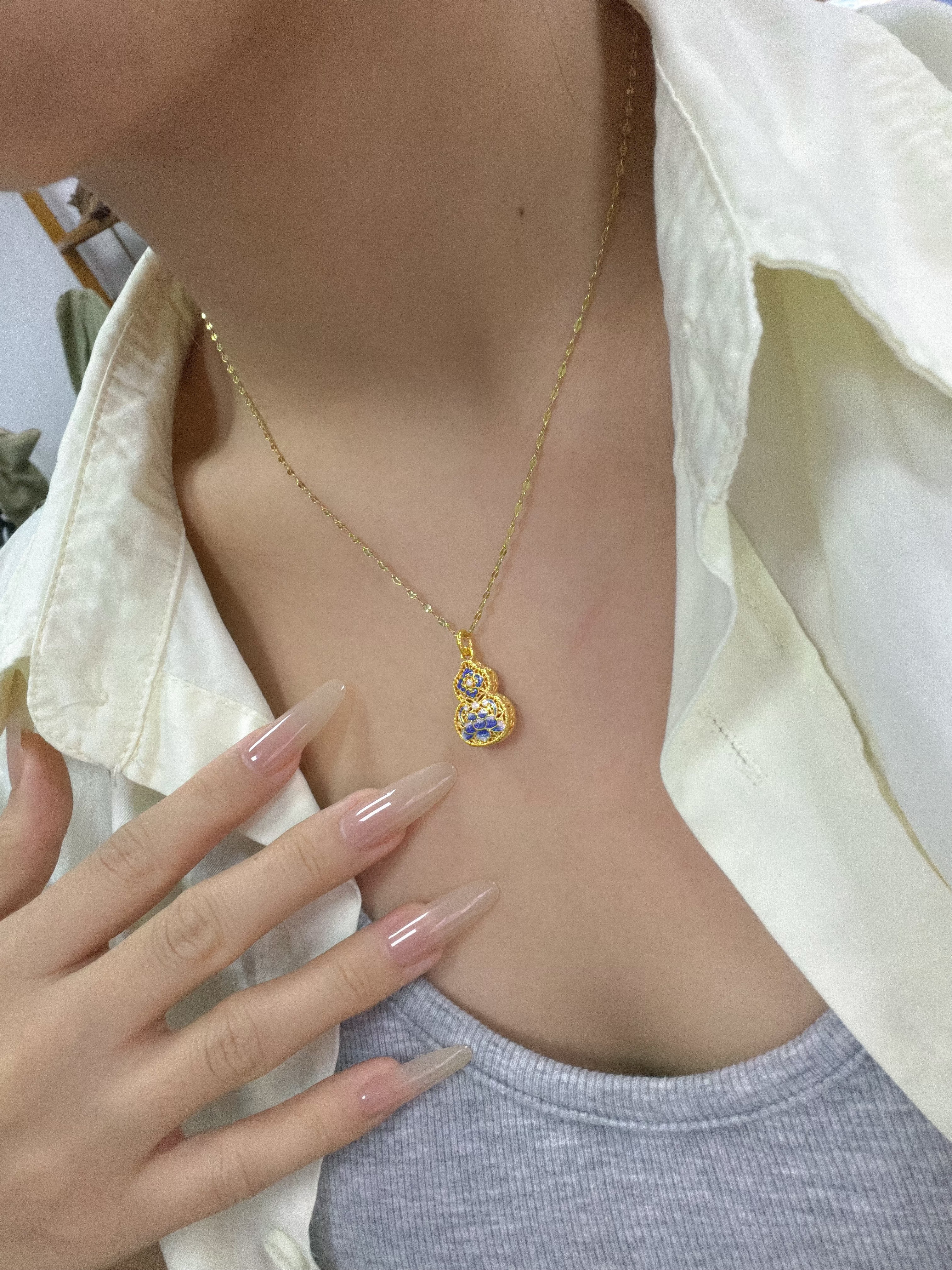 鸣钻国际宋韵青花葫芦黄金吊坠女足金999福禄纯金颈饰挂坠送礼物HJD1428 实拍图