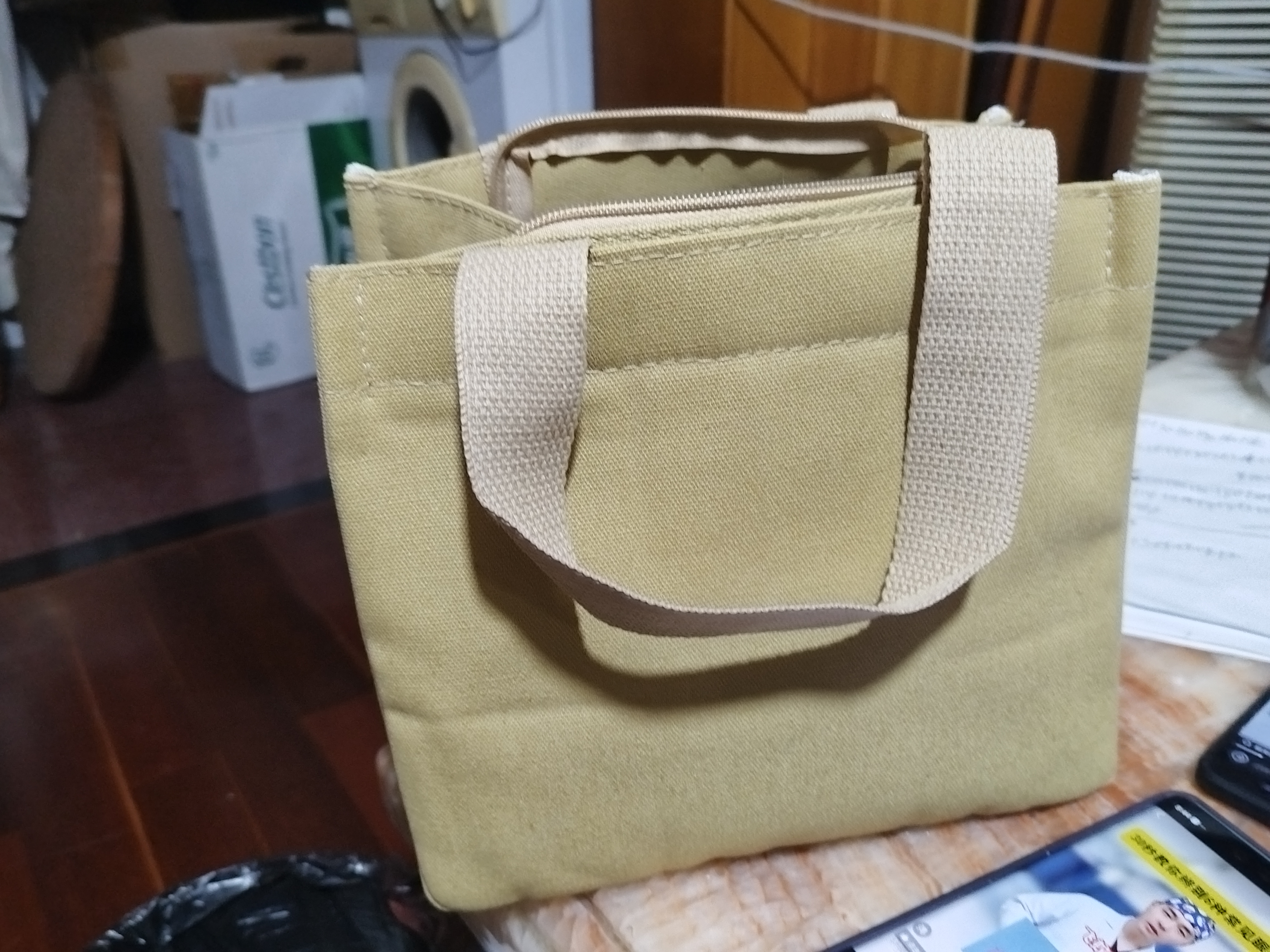 鹏境帆布手提包外出简约小巧饭袋包立体手拎包通勤加厚上班便当宝妈 搞怪小熊小方包【卡其色】 实拍图