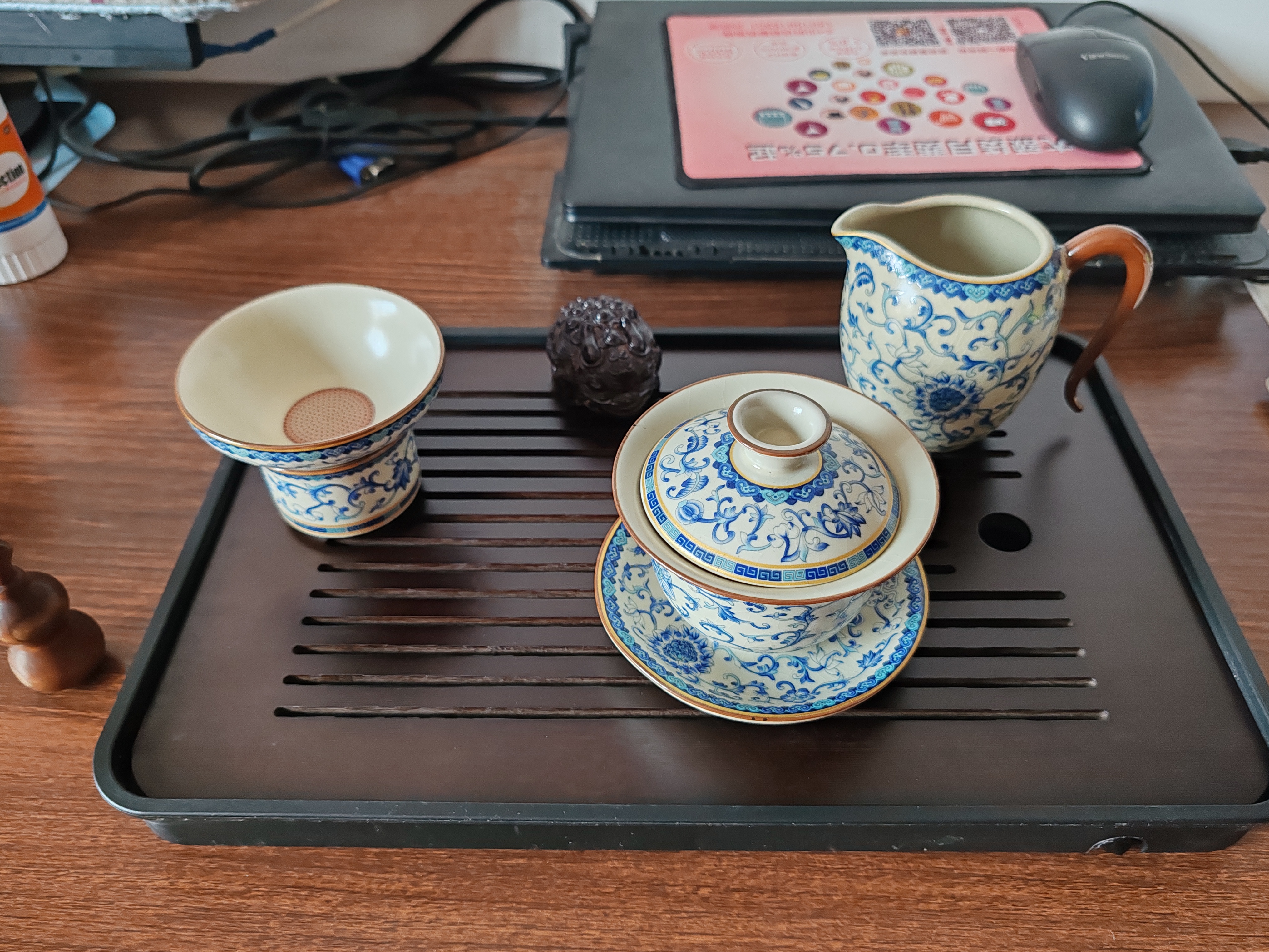 不拙汝窑三才盖碗青花瓷茶碗防烫茶具分茶器带茶漏过滤网盖碗三件套 实拍图