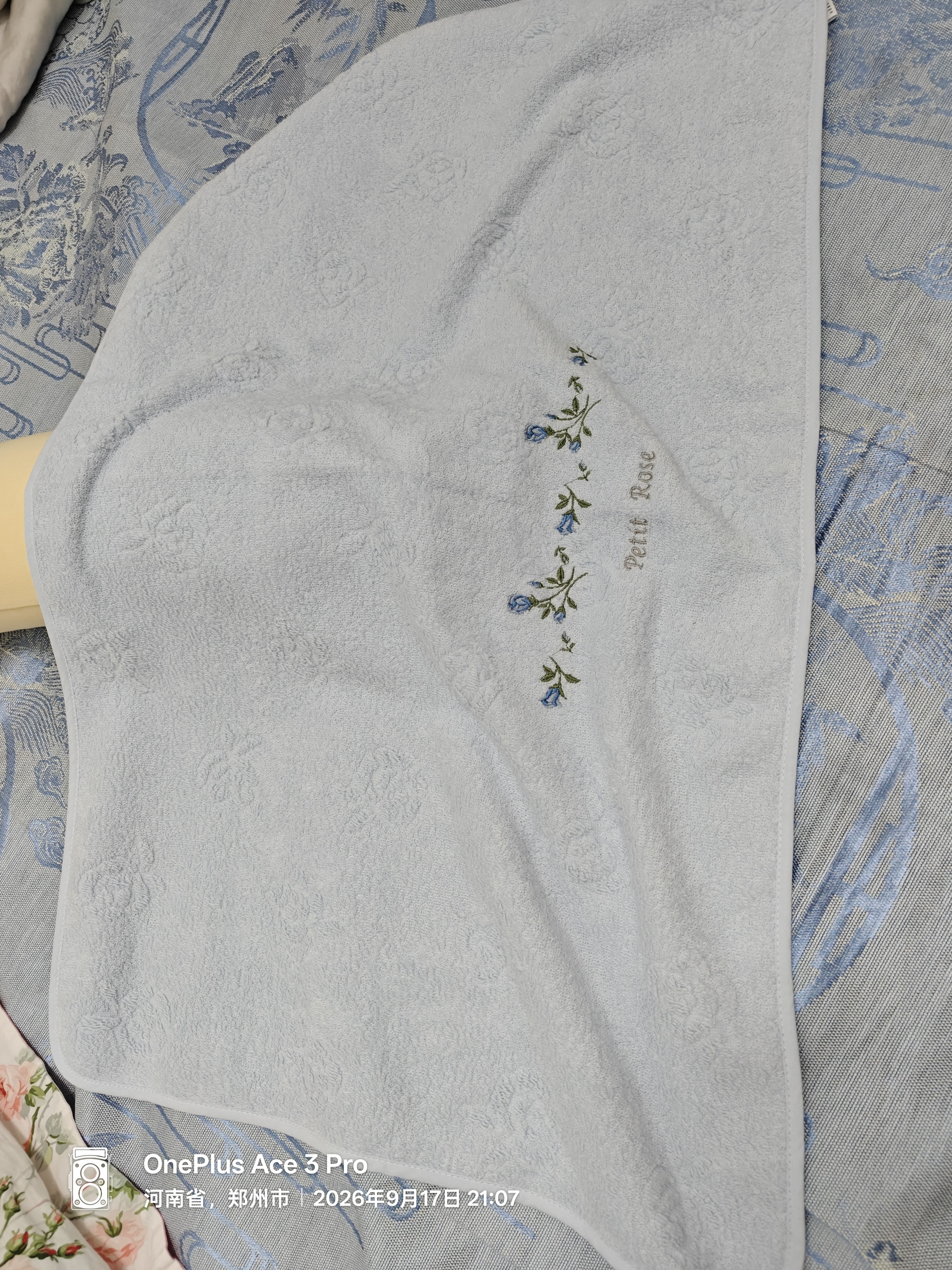金号 素色绣花 纯棉枕巾 柔软透气单人枕巾 2条装 蓝色 50*80cm 实拍图