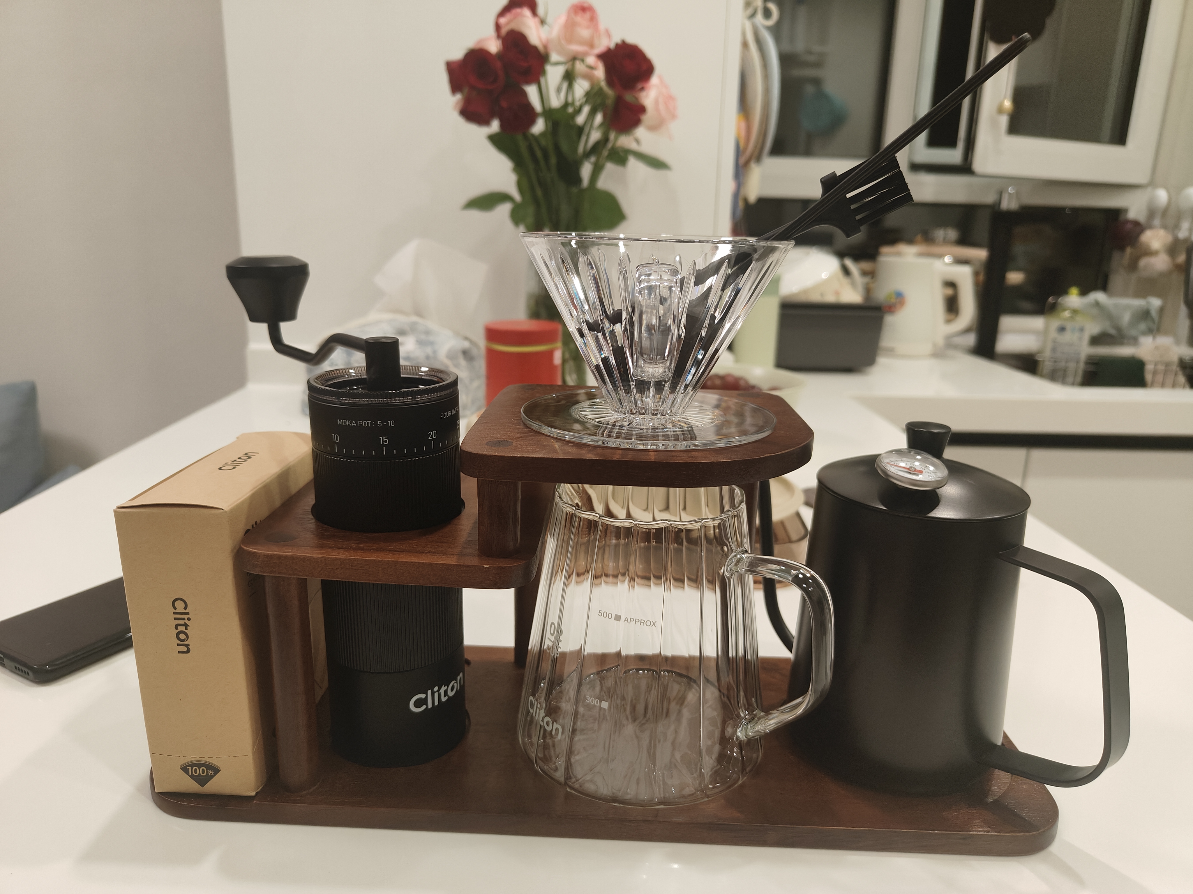CLITON手冲咖啡壶套装外调手摇磨豆机手磨咖啡机手冲壶滤杯收纳木架10件 实拍图