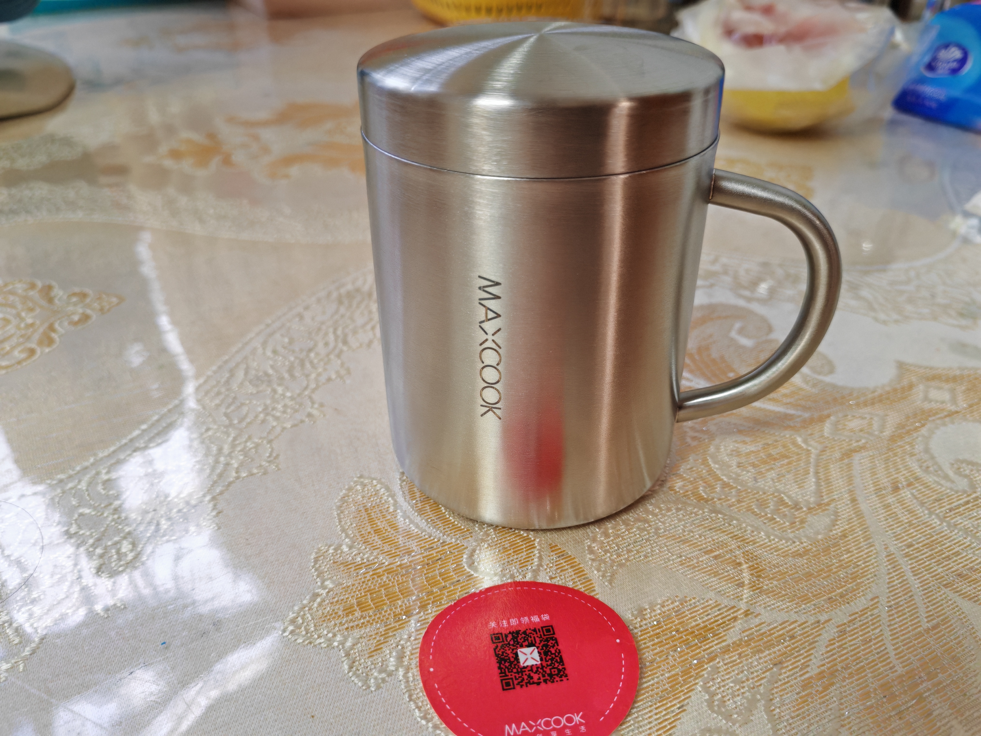美厨（MAXCOOK）304不锈钢水杯马克杯带盖 儿童杯子双层口杯泡茶杯带手柄 300ml 实拍图