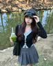 拉夏贝尔蝴蝶结撞色正肩长袖t恤女春秋新款设计感修身打底衫上衣 黑色 M 实拍图