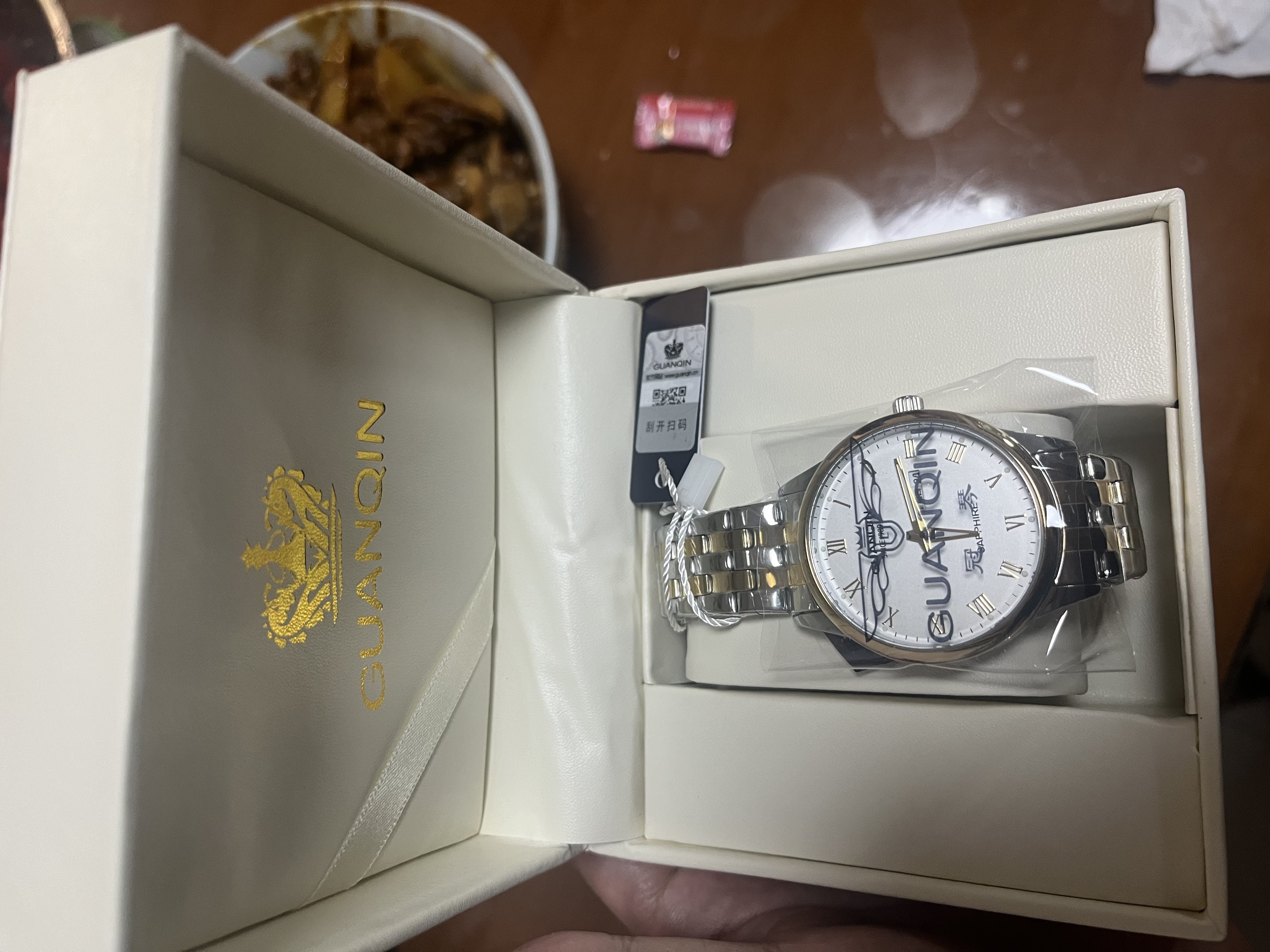 冠琴（GUANQIN）男士手表瑞士品质耐磨防水夜光全自动机械表双日历手表男机械表 机械风格SY款-间金白面 实拍图