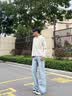 趣米乐浅蓝色cleanfit微喇牛仔裤男春秋季美式高街vibe修身窄版弯刀裤子 浅蓝色 XL 实拍图