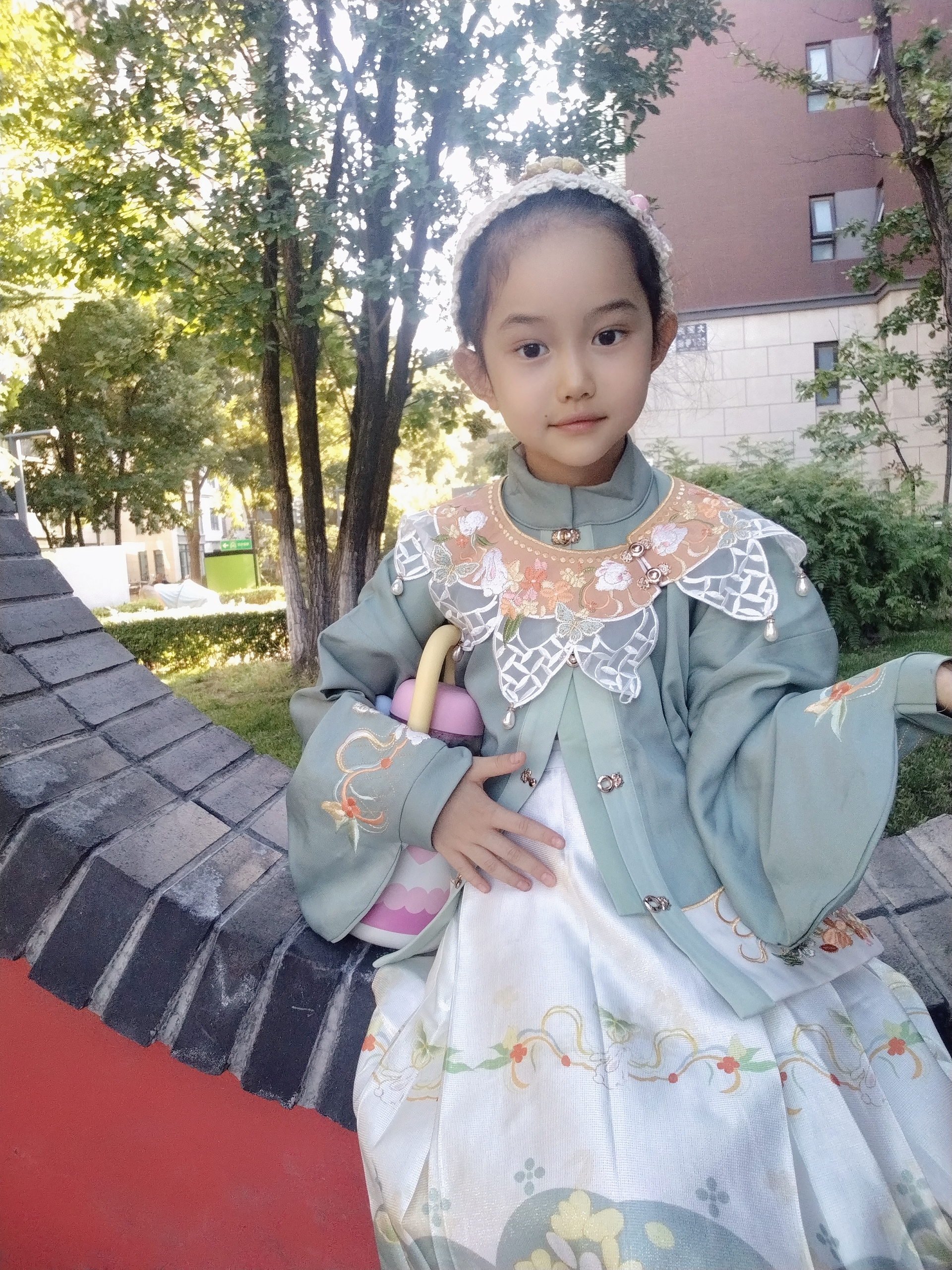 罗蒙女童明制汉服新式国风马面裙毕业演出服 汉服豆蔻绿套装 120 实拍图