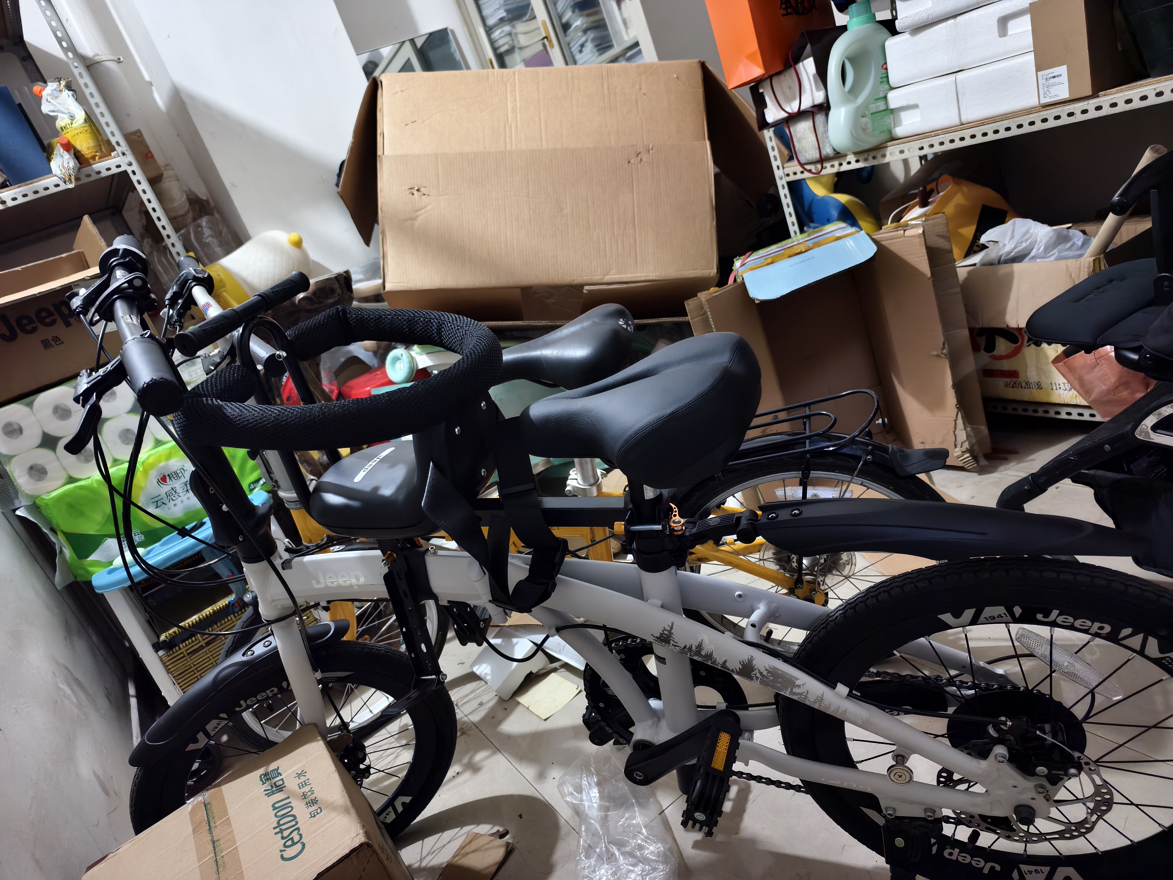 JEEP吉普折叠自行车带小孩母子车亲子自行车-J200 白色 20英寸 黑把 实拍图