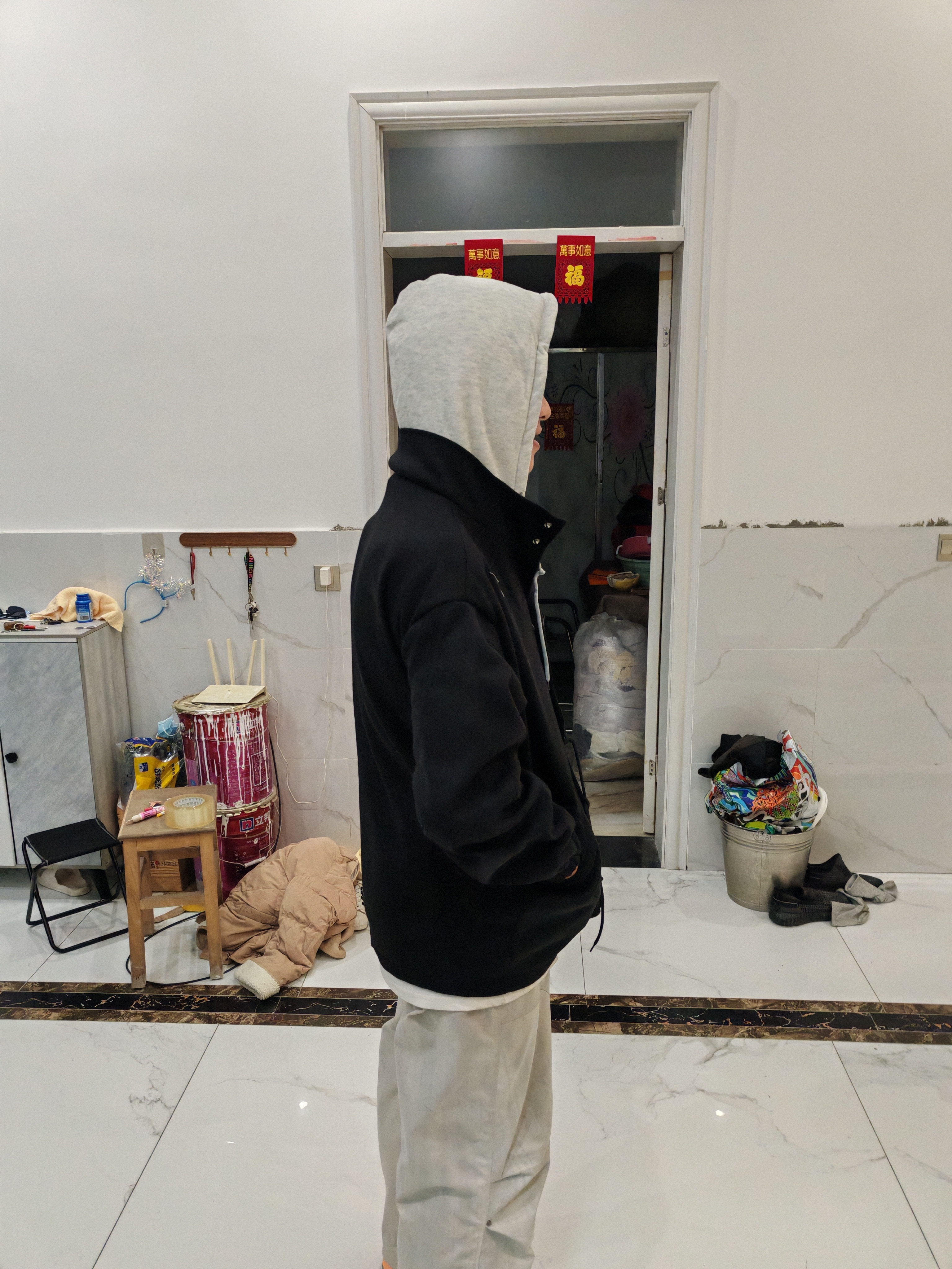 啄木鸟（TUCANO）假两件连帽外套男士套装春秋季韩版宽松毛呢大衣男装高级感穿搭潮 【三件】系绳连帽外套黑+长白T+牛仔裤黑 XL  建议120-140斤 实拍图