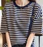 德玛纳【裸感体验】夏季撞色圆领条纹打底衫落肩宽松小个子气质女式t恤 实拍图