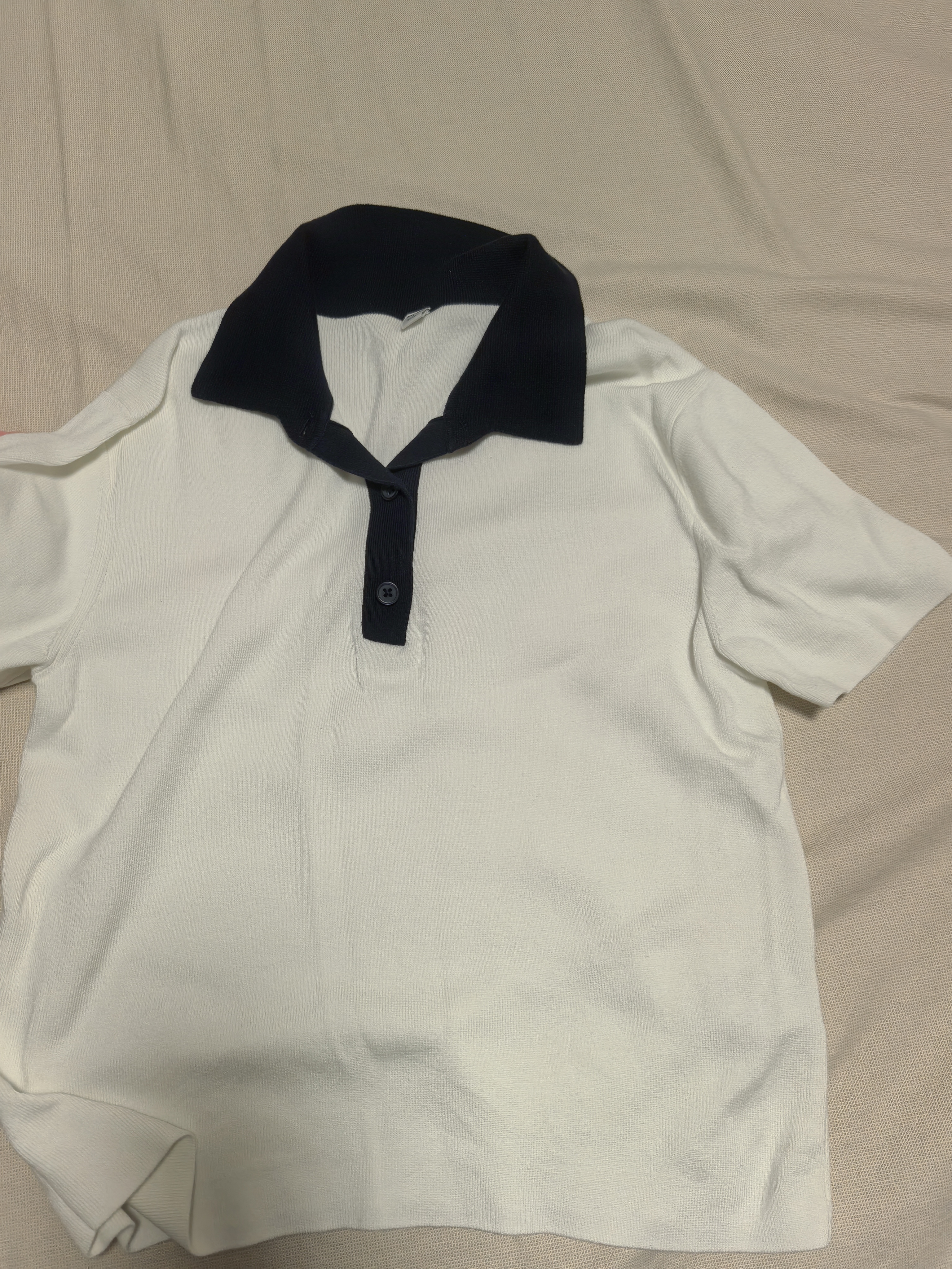 优衣库棉莫代尔混纺POLO领拼色针织衫/短袖女装485224 01 乳白色 L 实拍图