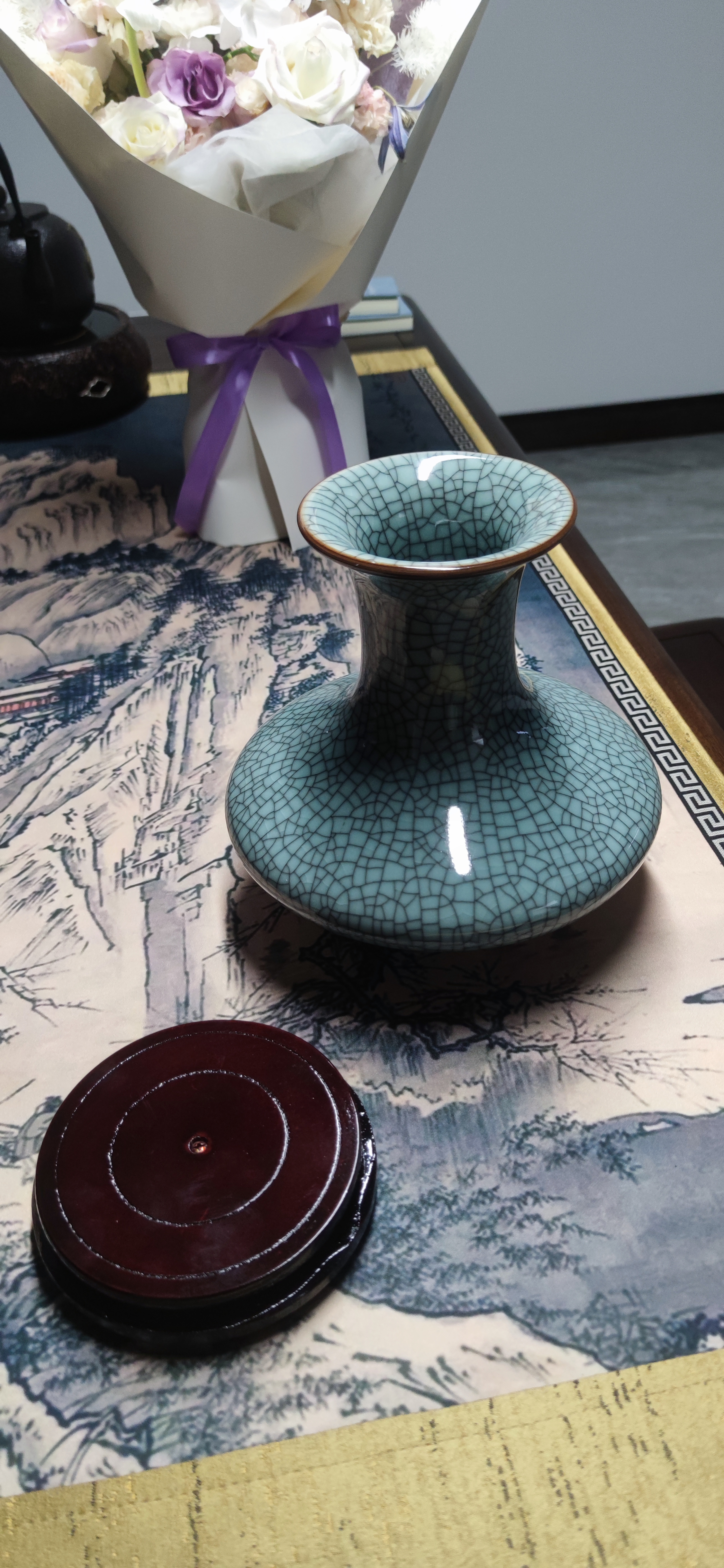 傲世景德镇陶瓷器仿古中式花瓶工艺品客厅摆件艺术品玄关博古架装饰品 仿古裂纹扁肚瓶+底座+证书 实拍图