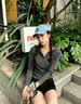 拉夏贝尔韩系半开领连帽长袖t恤女秋新款褶皱收腰小众打底上衣 深灰色 XL 实拍图