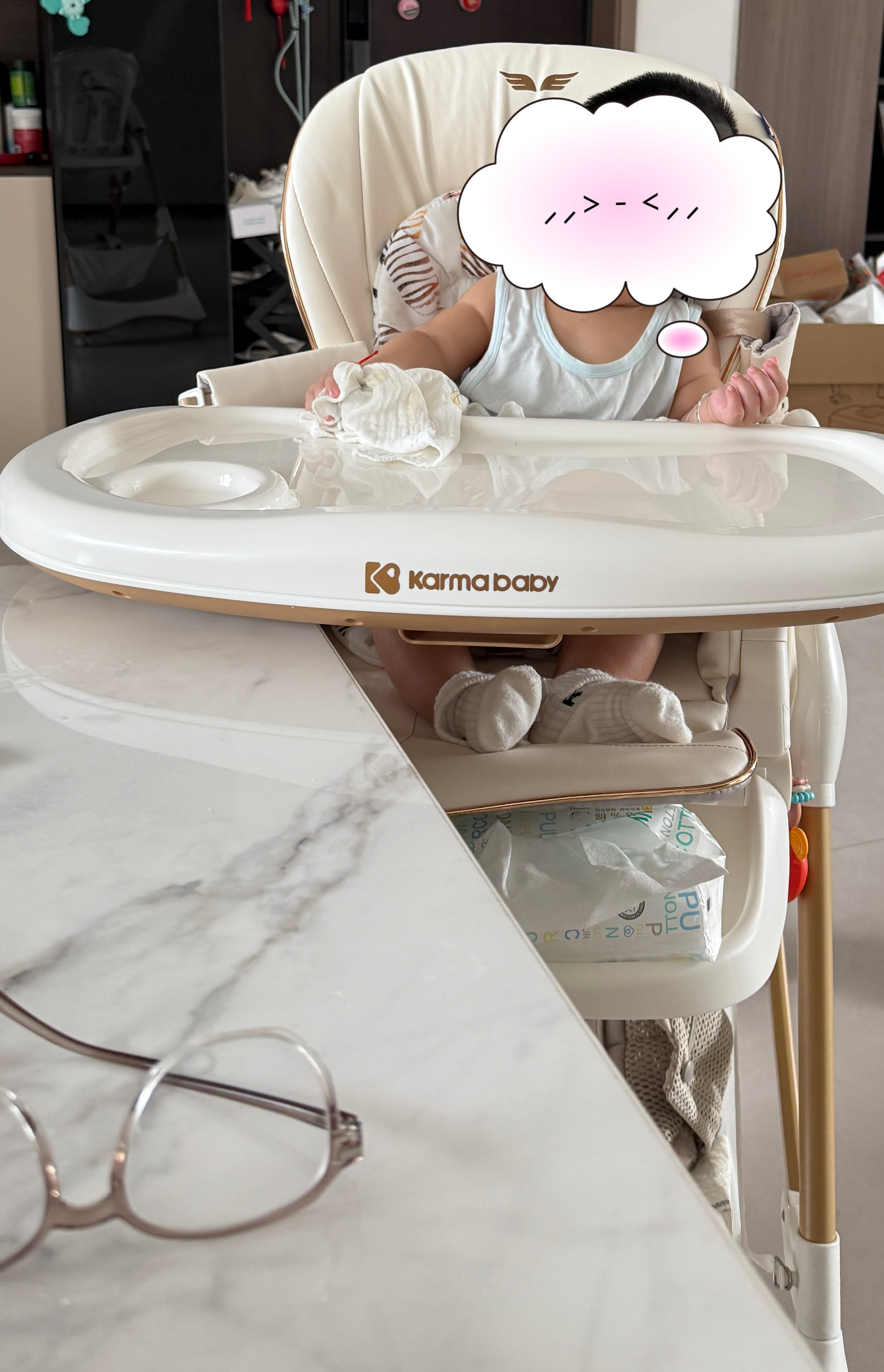 karmababy卡曼宝宝餐椅可折叠多功能婴儿餐椅可坐可躺0-6岁儿童成长餐椅 【简易安装】皎玉白+置物篮+抑菌棉垫 实拍图