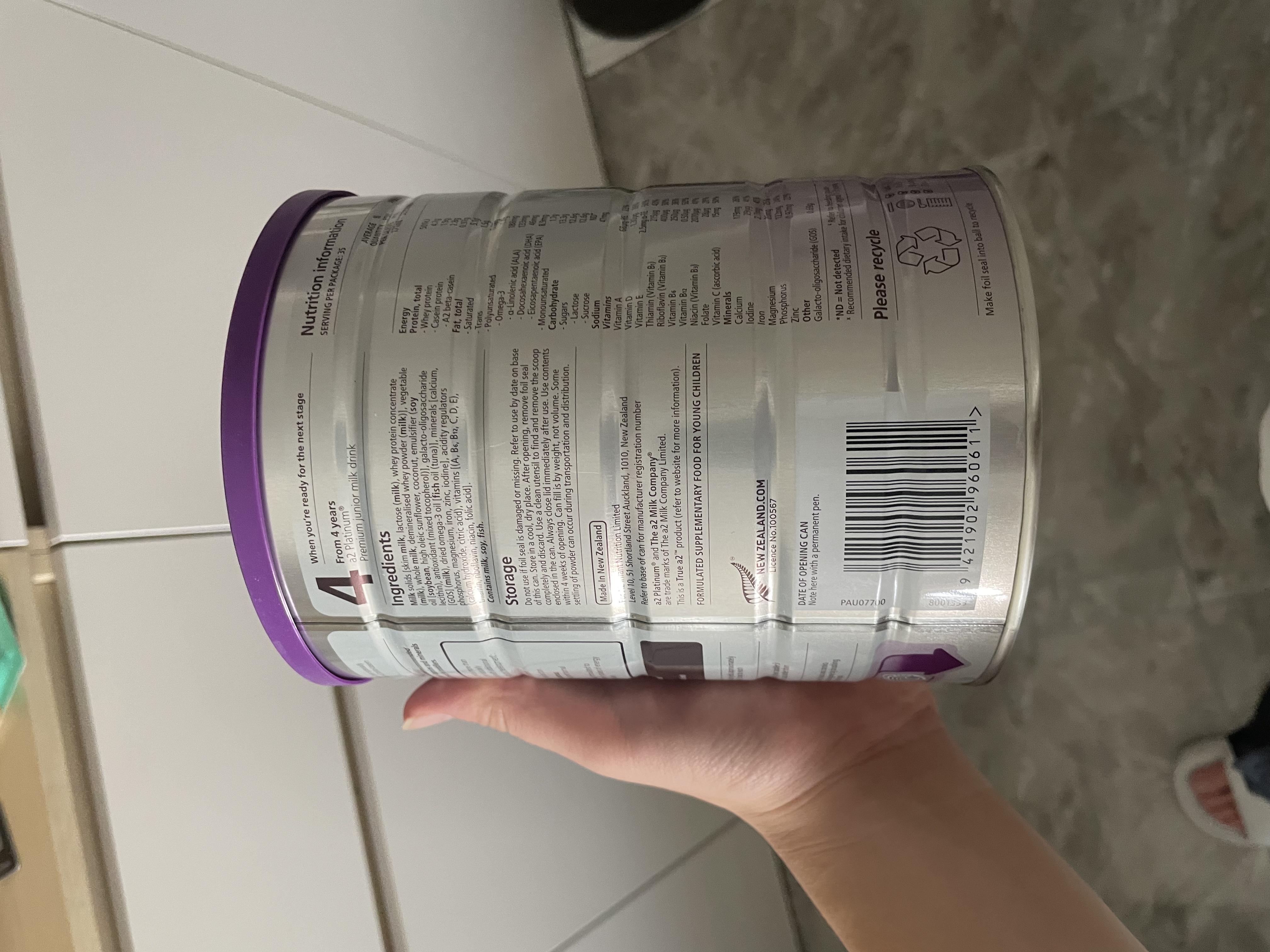 a2奶粉紫白金澳版幼儿配方奶粉3段(1岁+) 900g新西兰草饲+批批严检 实拍图