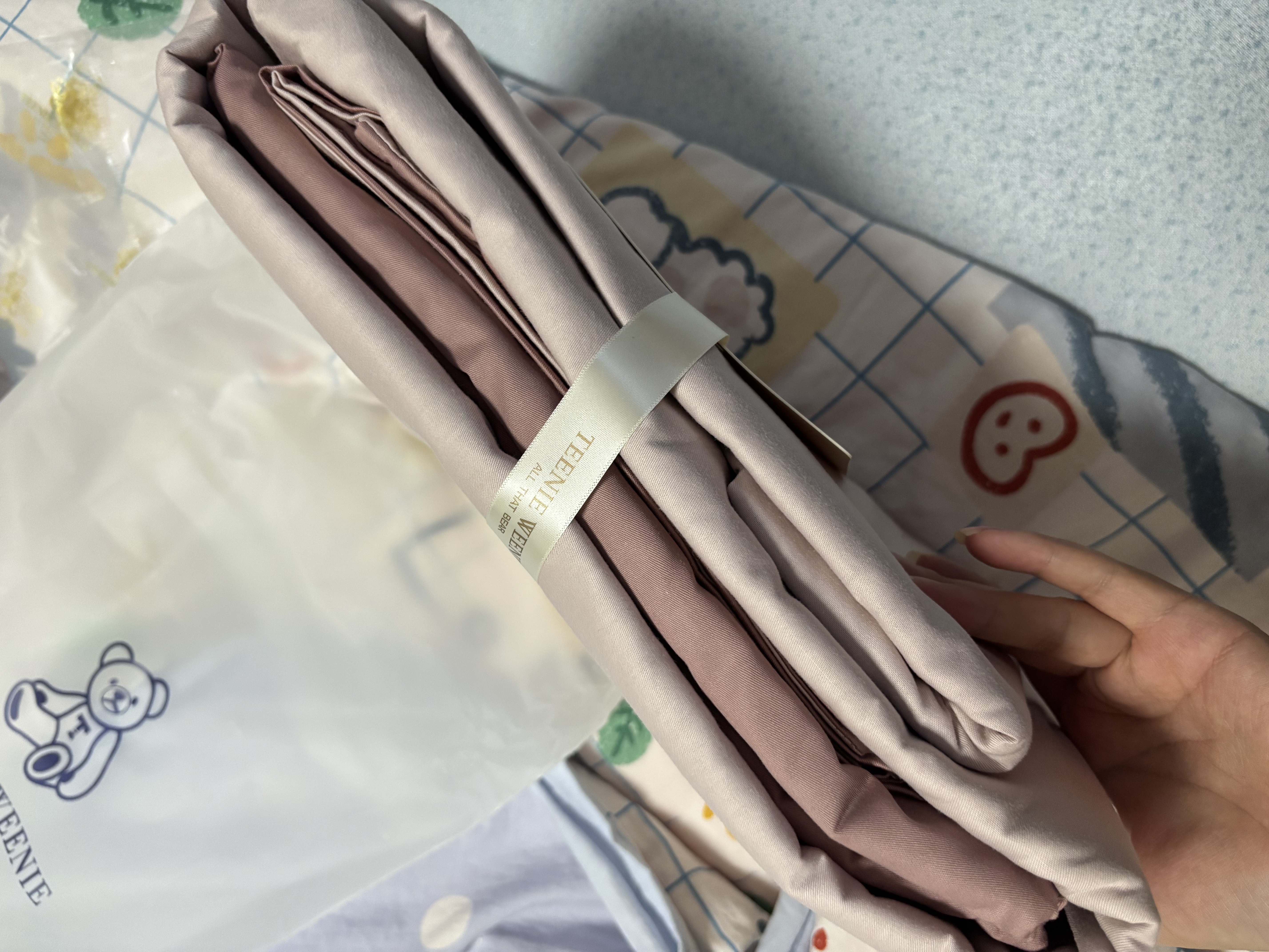 Teenie Weenie小熊A类纯棉床上四件套100%全棉水洗棉双人床单被套 1.5/1.8m床 被套200*230cm 浅粉+粉 实拍图