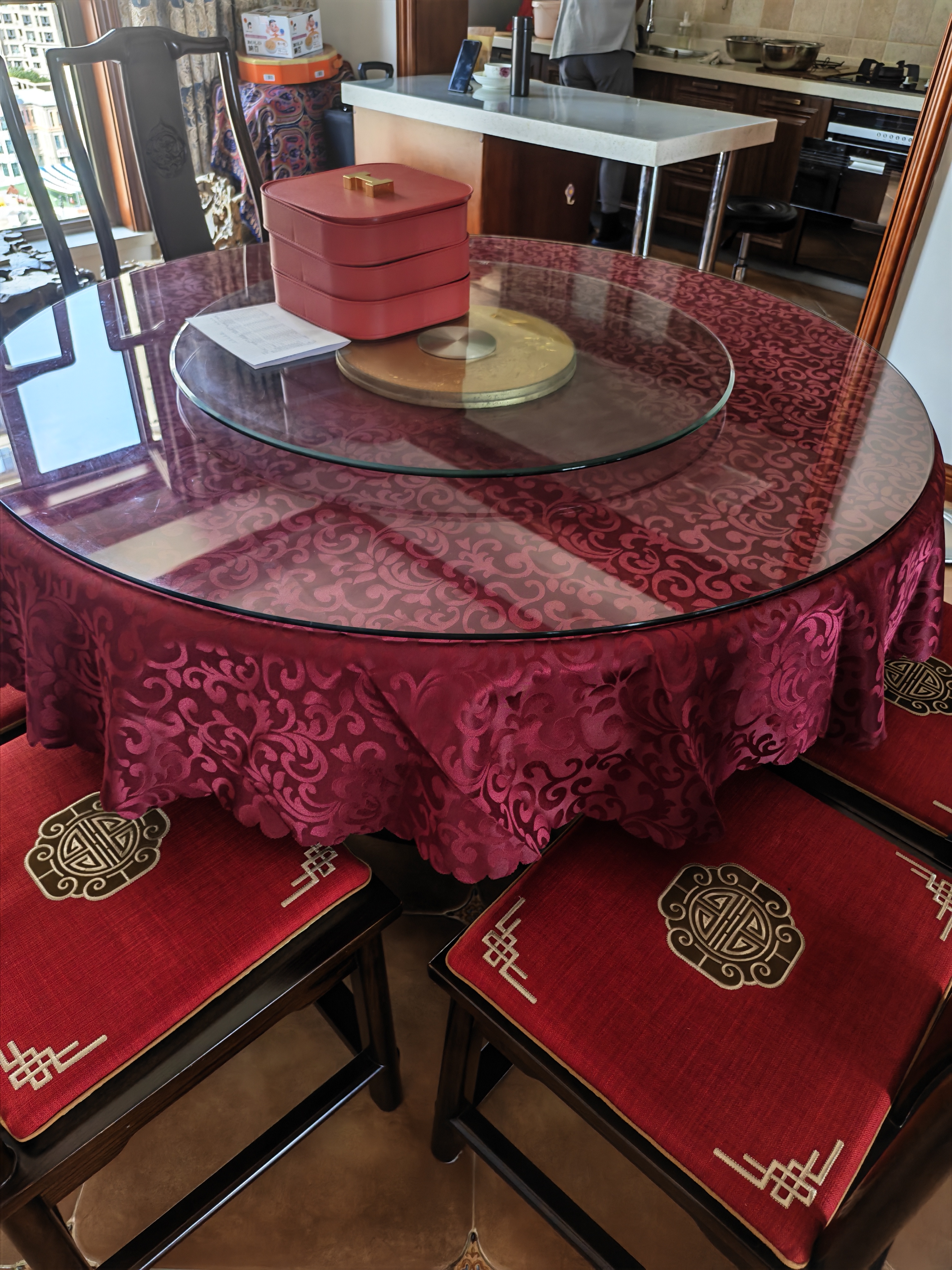 领格酒店桌布饭店餐厅台布家用宴会婚庆宴会圆形加厚布艺欧式圆桌桌布 双钩花酒红色 圆形1.8米 实拍图