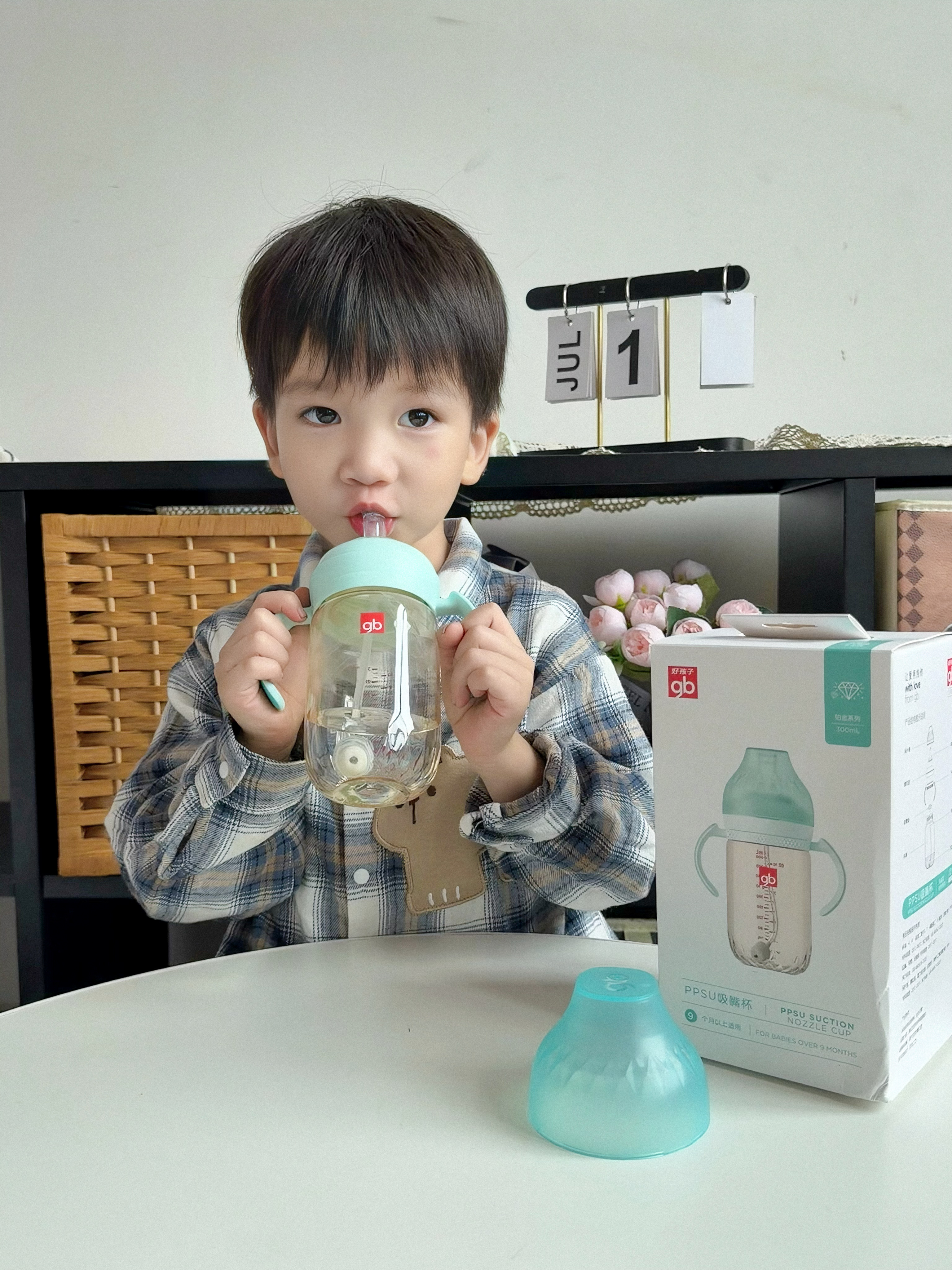 好孩子（gb）吸管奶瓶 大宝宝一岁以上3-6岁PPSU耐摔宽口径大容量带手柄直饮杯 【重力球吸嘴+翻盖直饮吸管杯头】孔雀蓝 24月+ PPSU 300ml（大奶量推荐） 实拍图