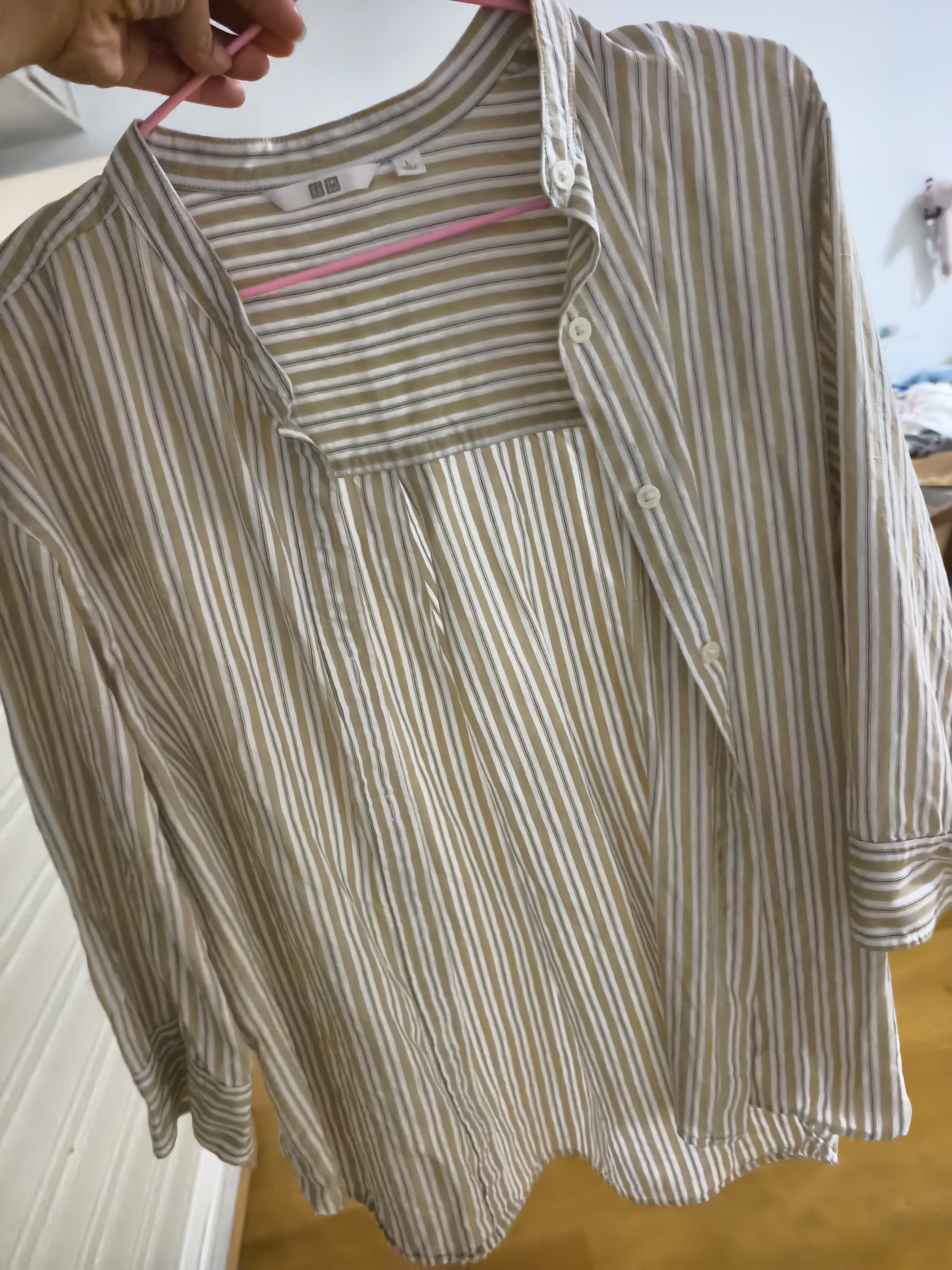 优衣库麻混纺条纹立领衬衫/七分袖女装/通勤衬衣483874 32 深米色 L 实拍图