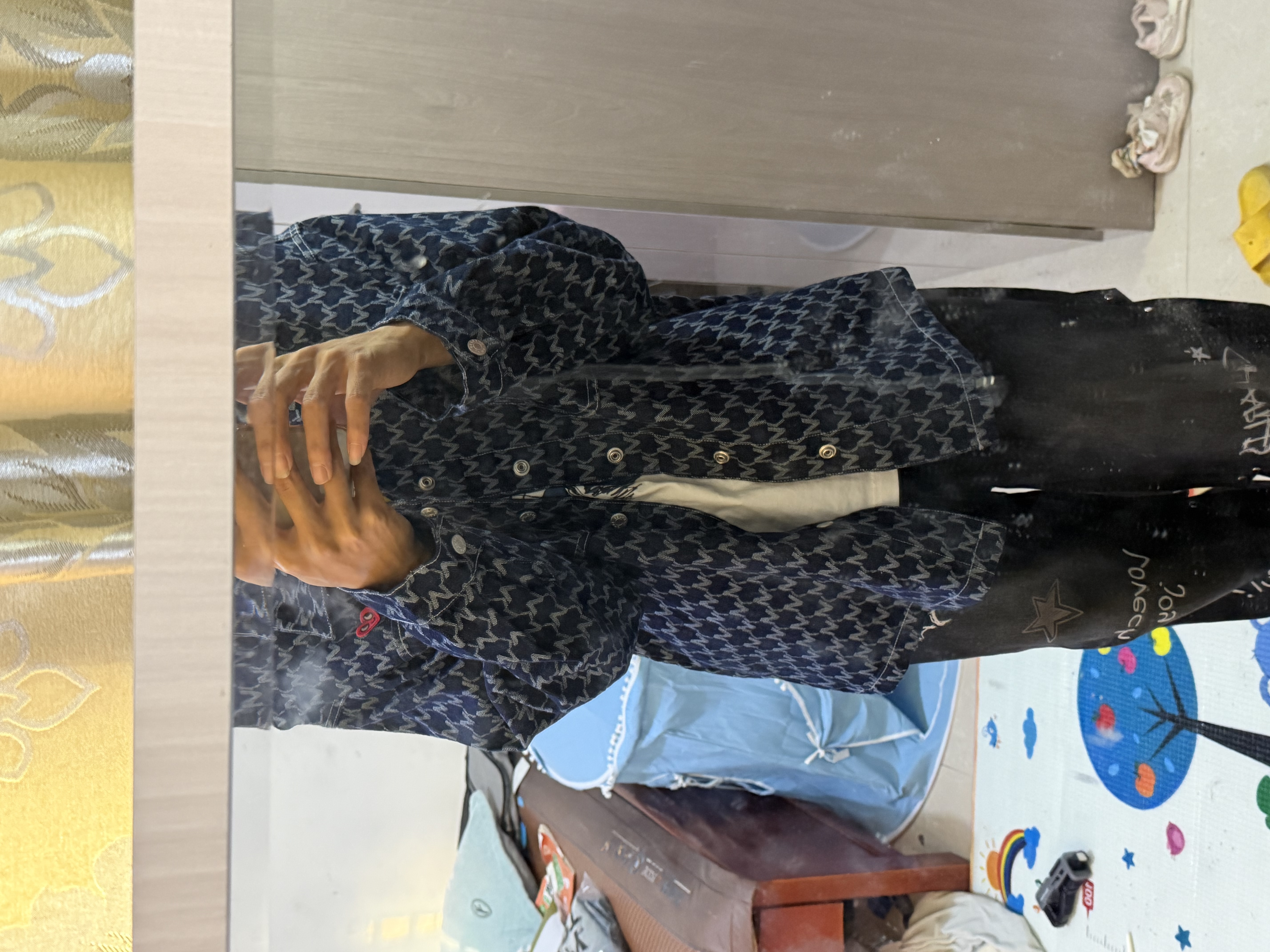 查尔斯桃心【王楚然同款】美式复古满印提花纹牛仔夹克男嘻哈高街情侣外套 L 实拍图
