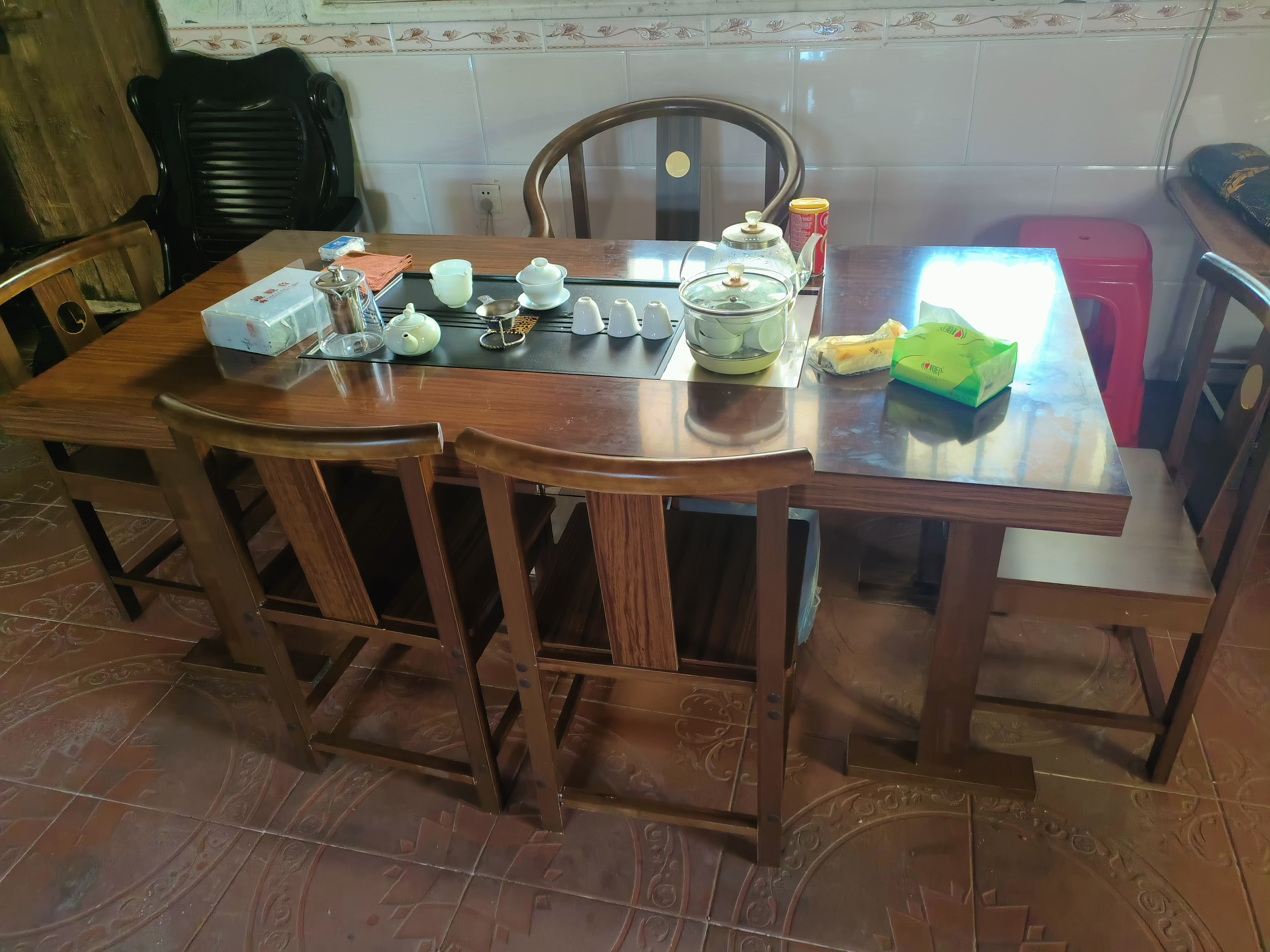赣荣大板茶桌椅组合实木客厅茶几茶具套装一体新中式喝茶办公两用茶台 1.6M石盘茶桌1围椅4月牙椅 实拍图