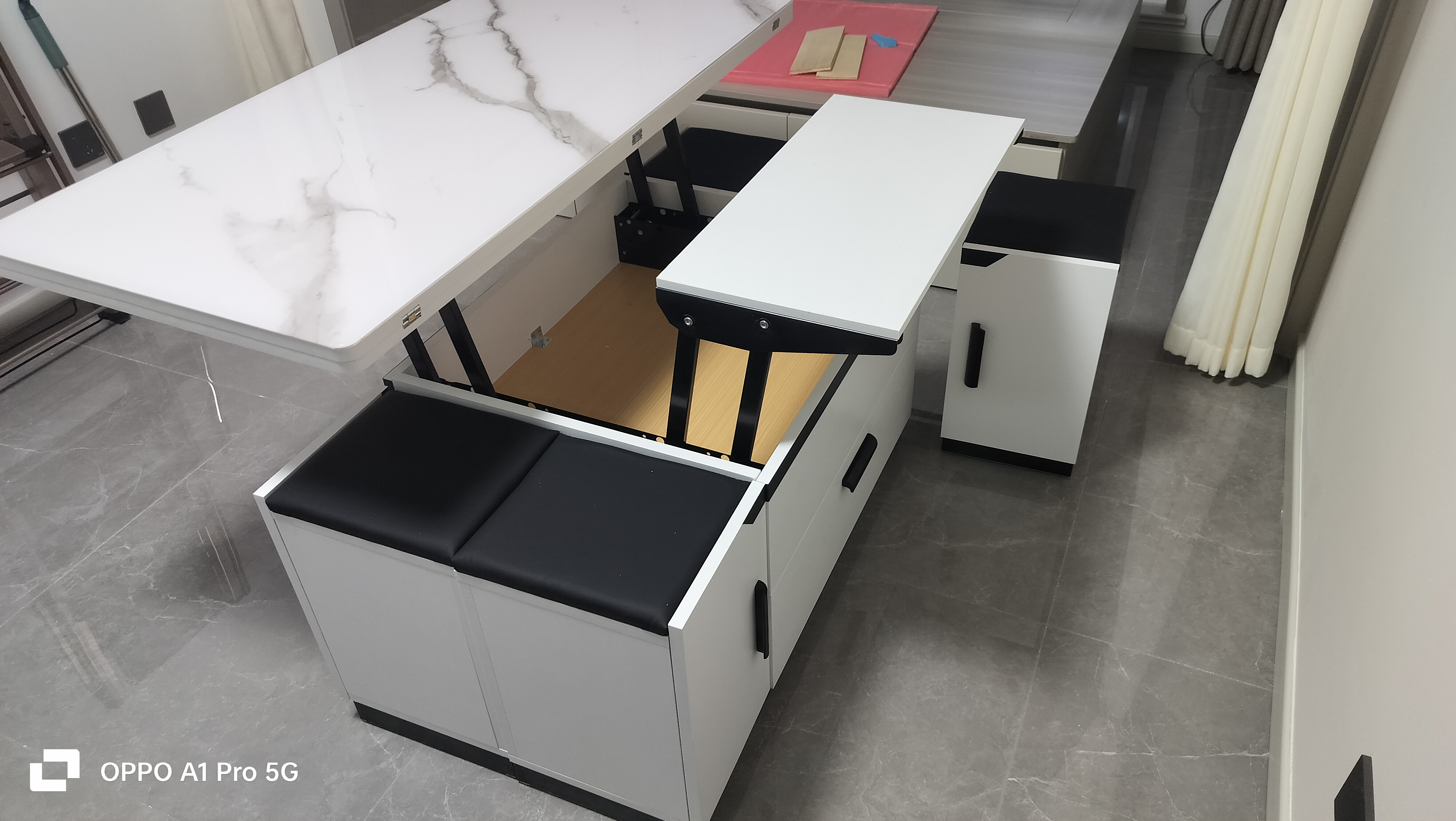 初暖多功能升降茶几餐桌两用客厅实木小户型家用吃饭茶几电视柜组合 【整装发货】1.2米雪山白玻璃+软包凳*4 升级E0级实木板（90%客户购买） 实拍图