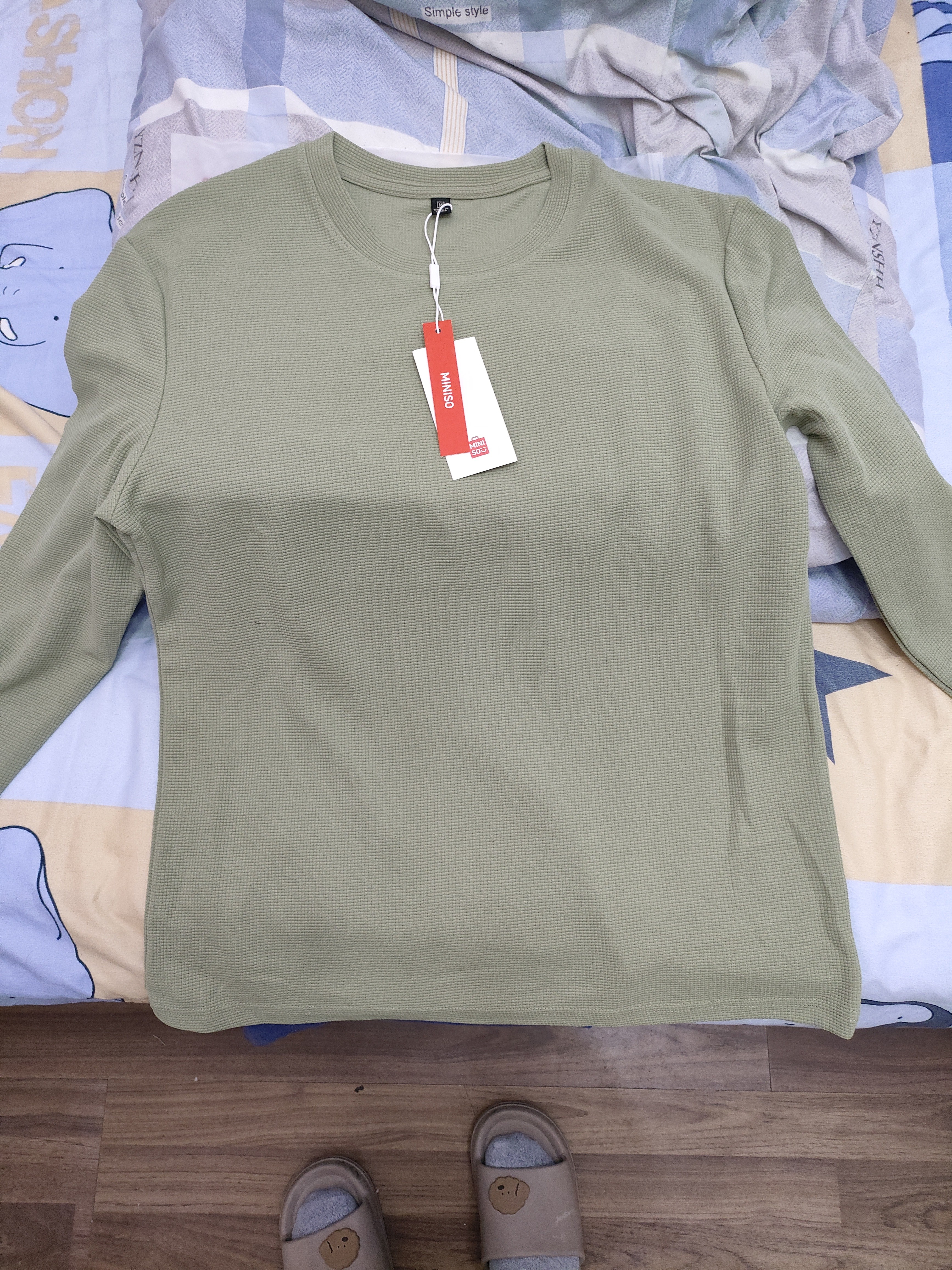 名创优品（MINISO）华夫格长袖t恤男220G重磅圆领春季耐磨抗皱打底衫 棕榈绿 M 实拍图