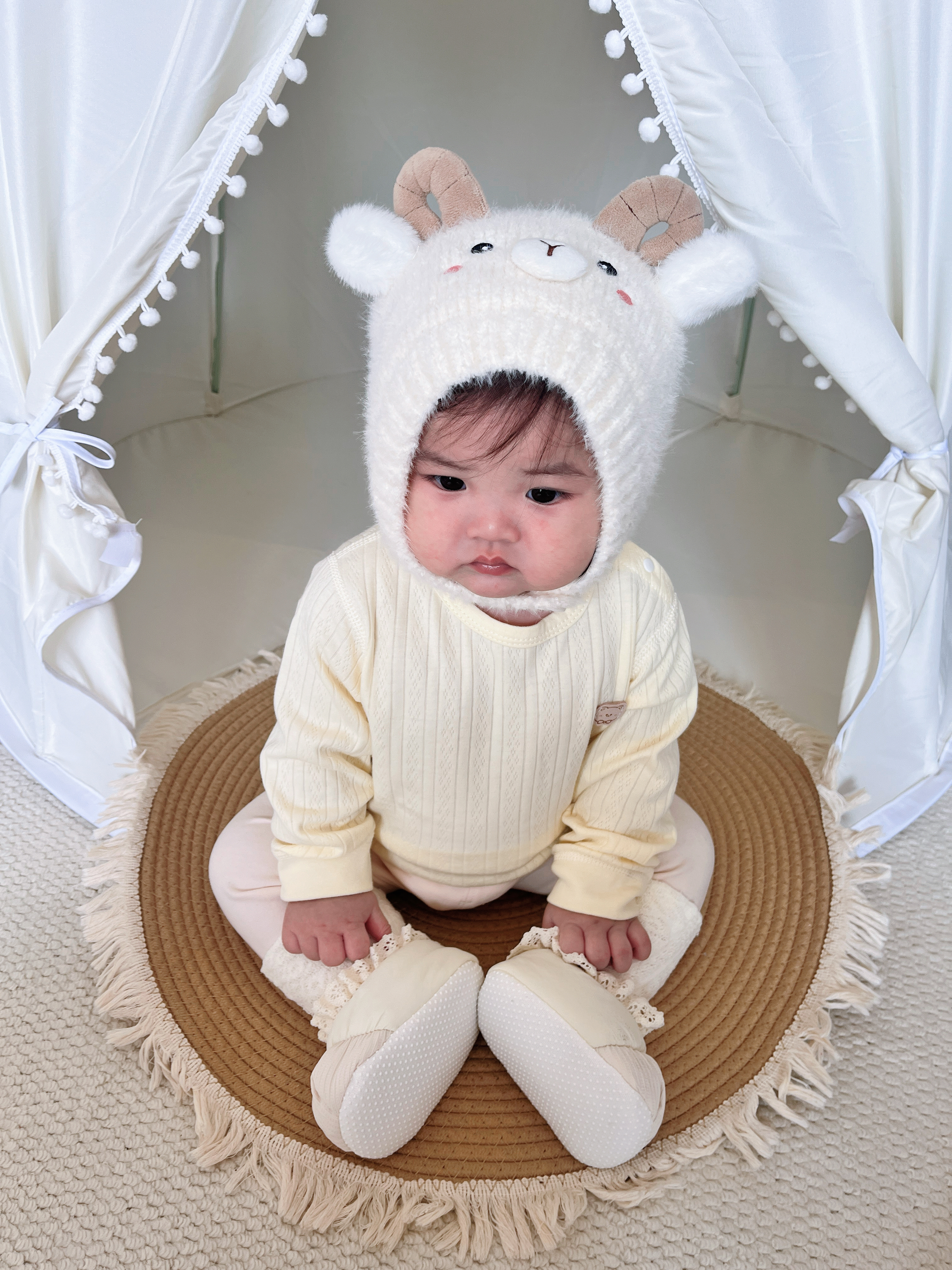 爱宝适婴儿帽子秋冬款宝宝护耳帽婴幼儿保暖帽加厚新生儿帽子米白色S948 实拍图