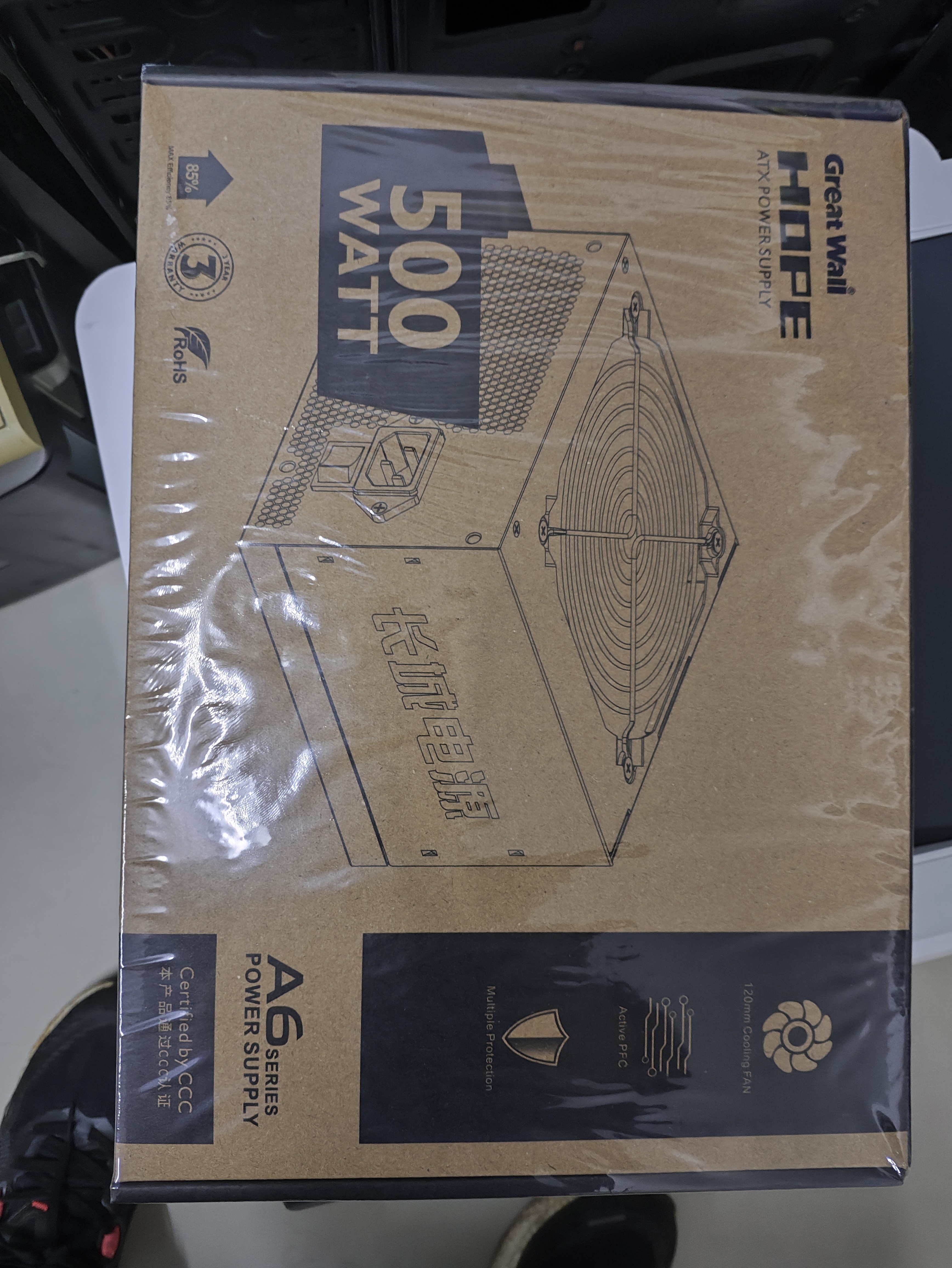 长城（Great Wall）额定500W HOPE-6000DS电脑电源 （双8PIN/75cm长线材/温控风扇/宽幅/独立开关） 实拍图
