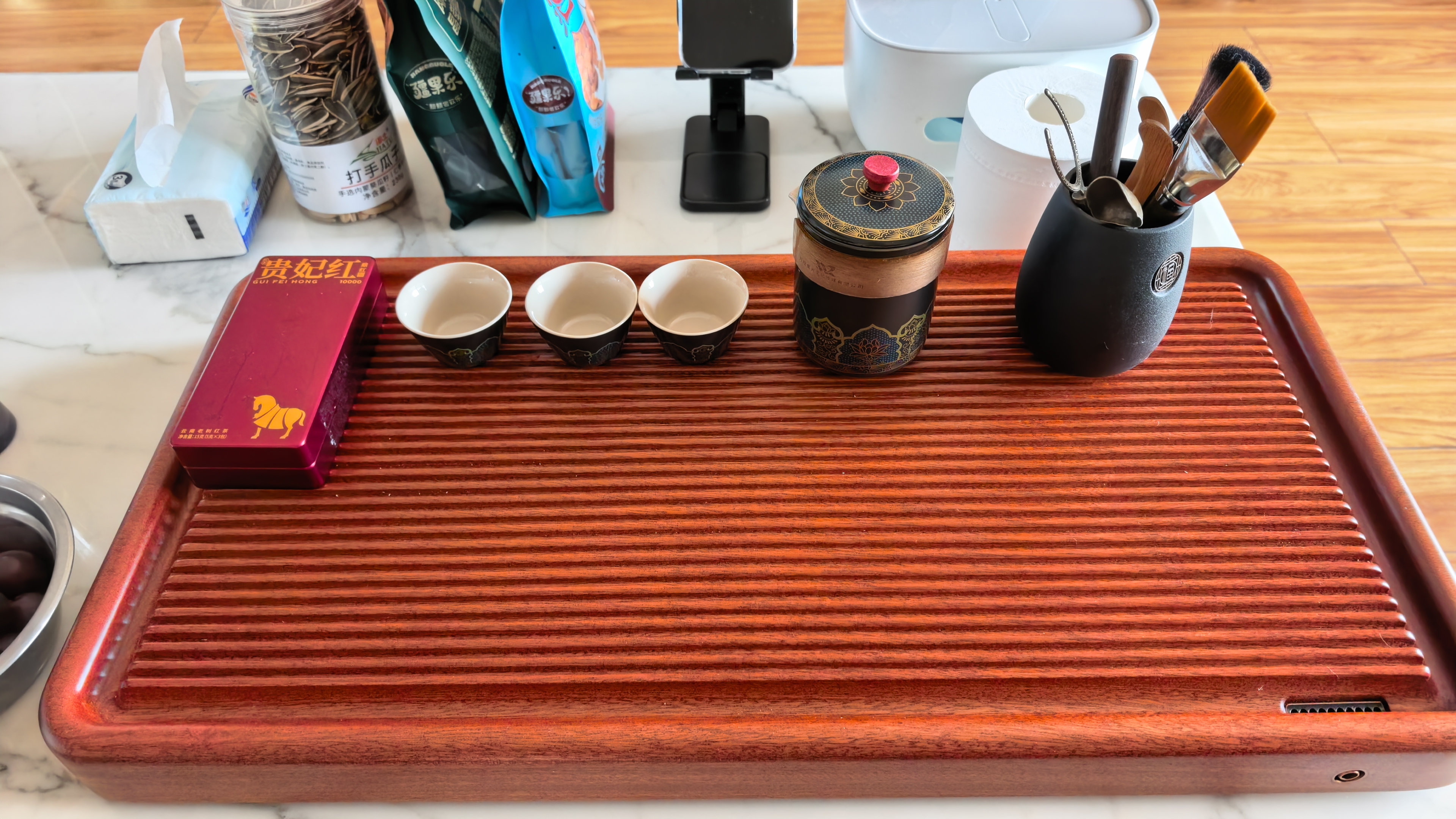 锦格整块实木茶盘家用花梨木茶台电木款泡茶盘排水一体式托盘高档茶具 南美花梨木简美长63宽32高4.5CM 实拍图