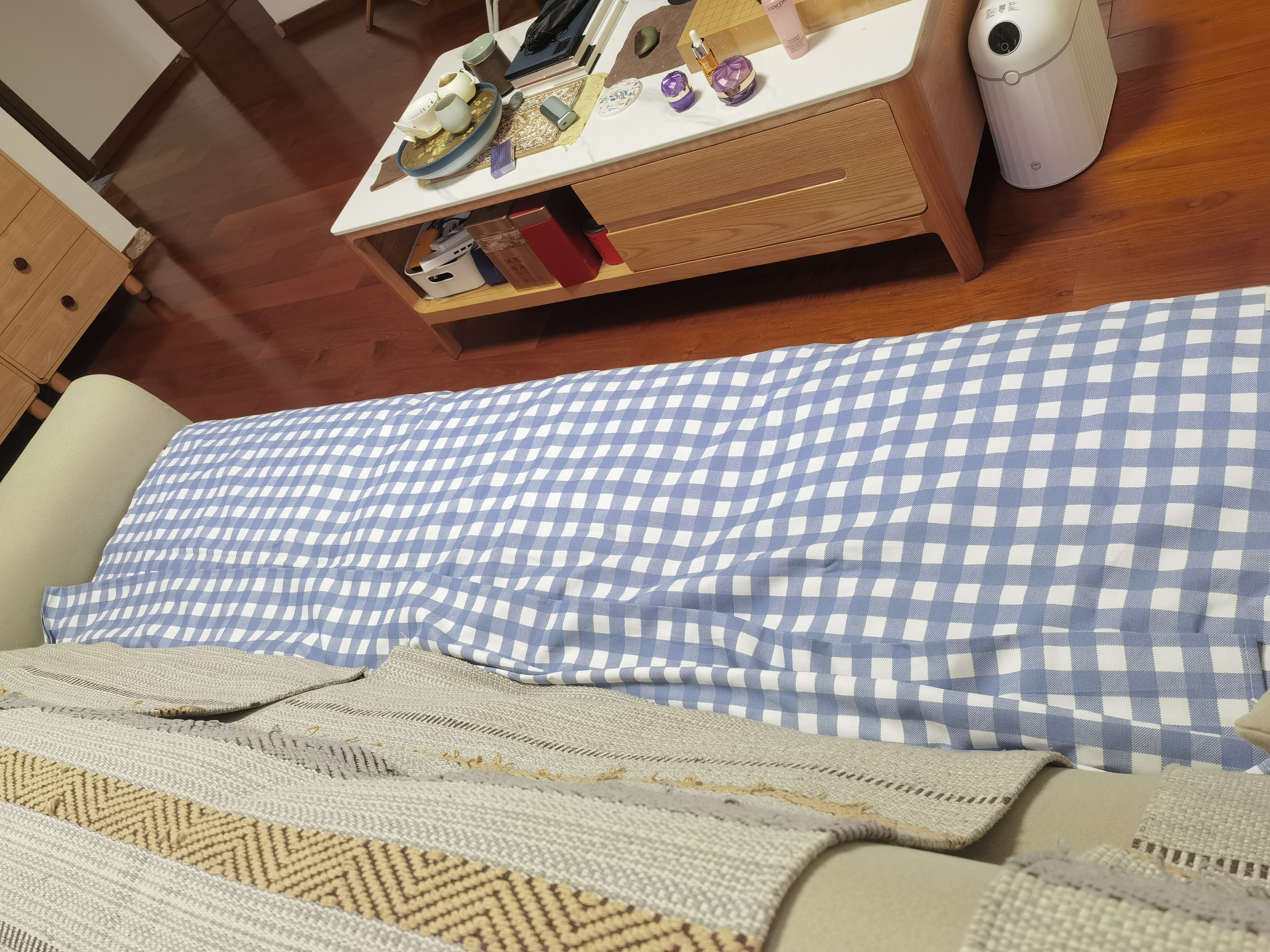 老粗布100纯棉床单单件宿舍单人全棉加厚床笠棉麻条纹被单三件套 【吸湿透气 亲肤舒睡】蓝小格 床单200x230cm【适用于1.5米床】 实拍图