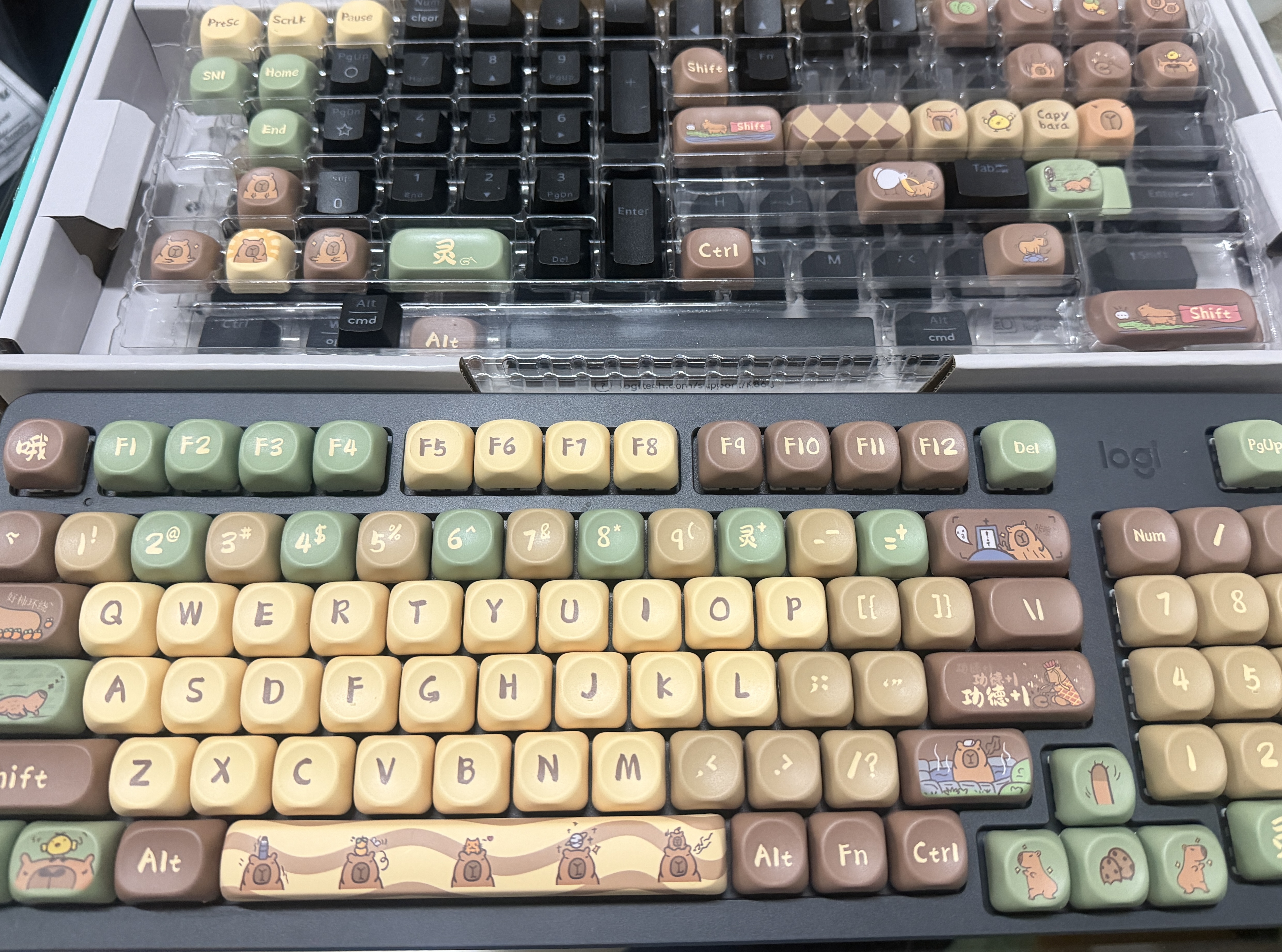 罗技（Logitech）K868客制化机械键盘 有线无线蓝牙三模键盘 办公游戏电竞键盘K865升级款98配列键盘Gasket结构AI K868黑色-卡皮巴拉 实拍图