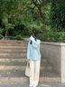 舒芳蝶（shufangdie）春装针织开衫两件套女高级感慵懒风盐系穿搭毛衣垂感阔腿裤套装潮 蓝色毛衣+杏色阔腿裤 M 实拍图